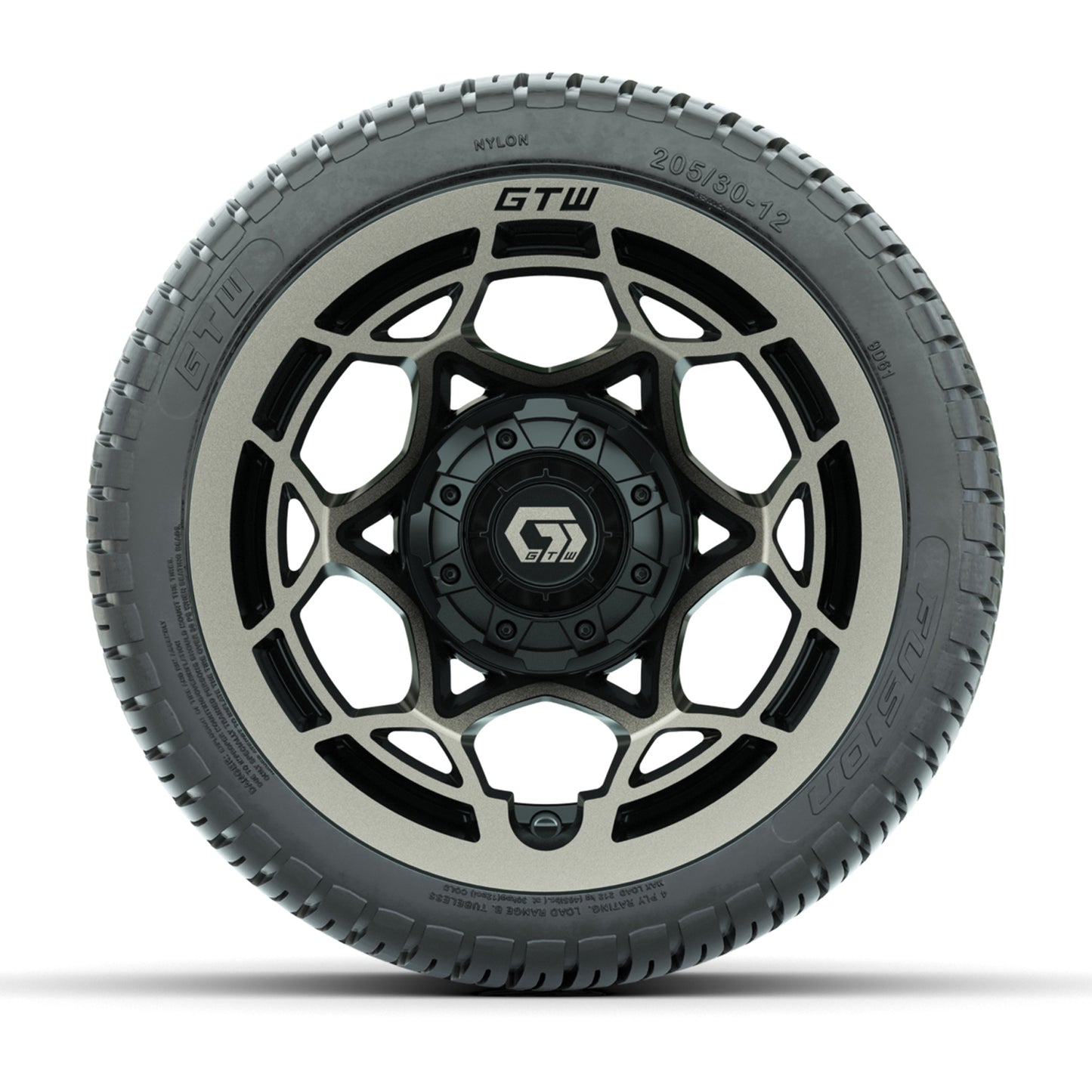 GTW® Nexus Black with Bronze Face 12 in Wheels with 205/30-12 Fusion Street Tires – Full Set