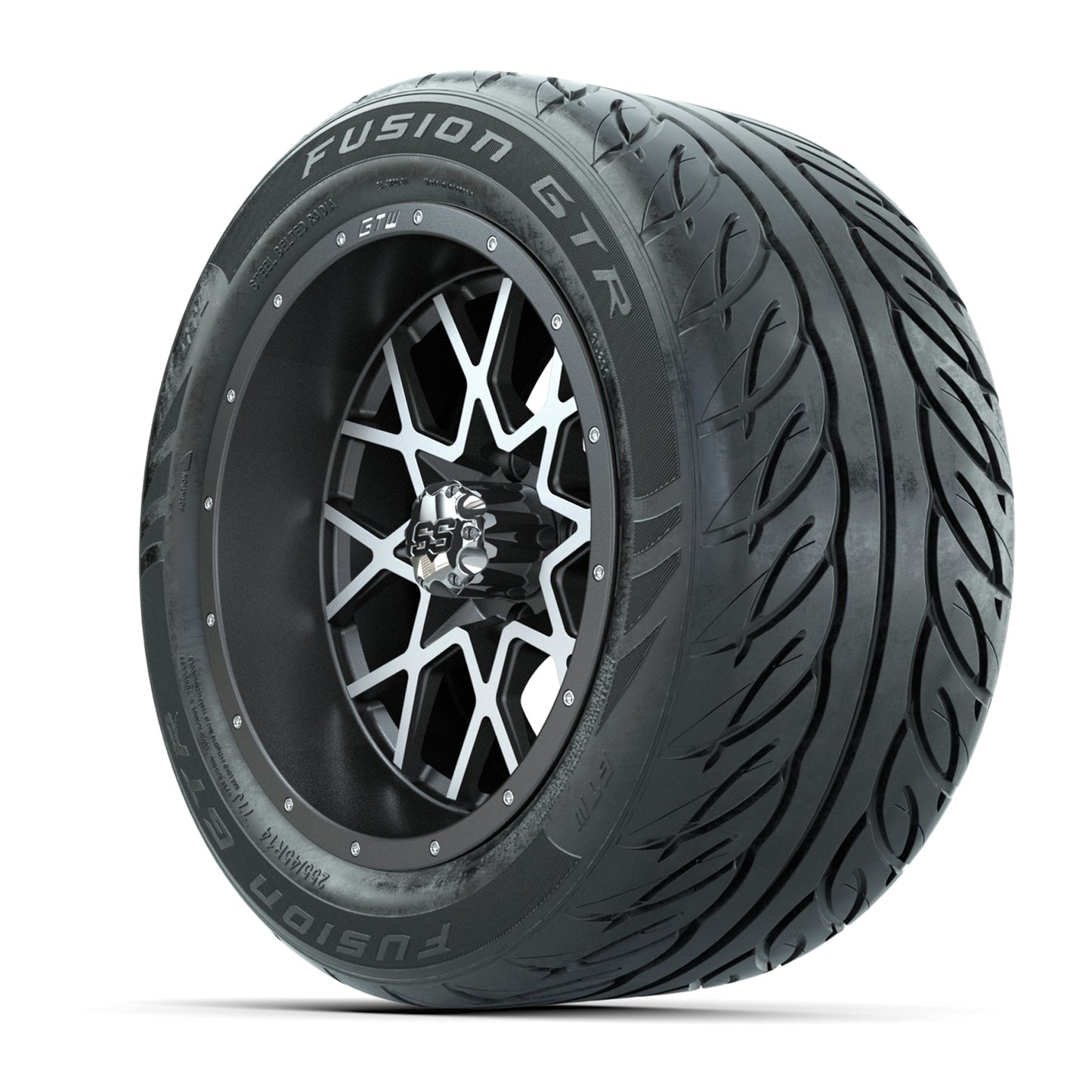 GTW® Vortex 2 Matte Gray/Machined 14 in Wheels with 255/45-R14 Fusion GTR Steel Belt Radial Street Tires – Full Set