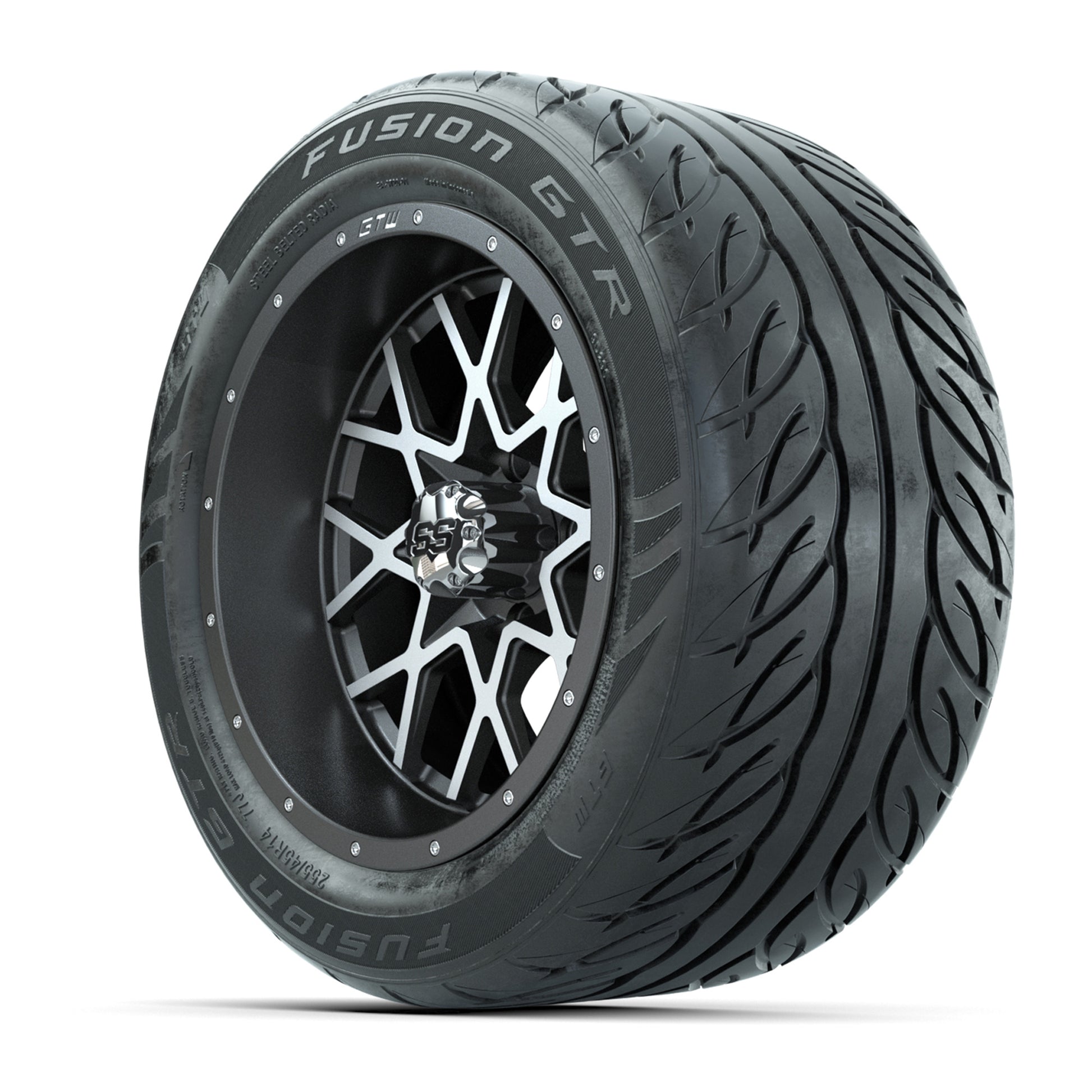 GTW® Vortex 2 Matte Gray/Machined 14 in Wheels with 255/45-R14 Fusion GTR Steel Belt Radial Street Tires – Full Set