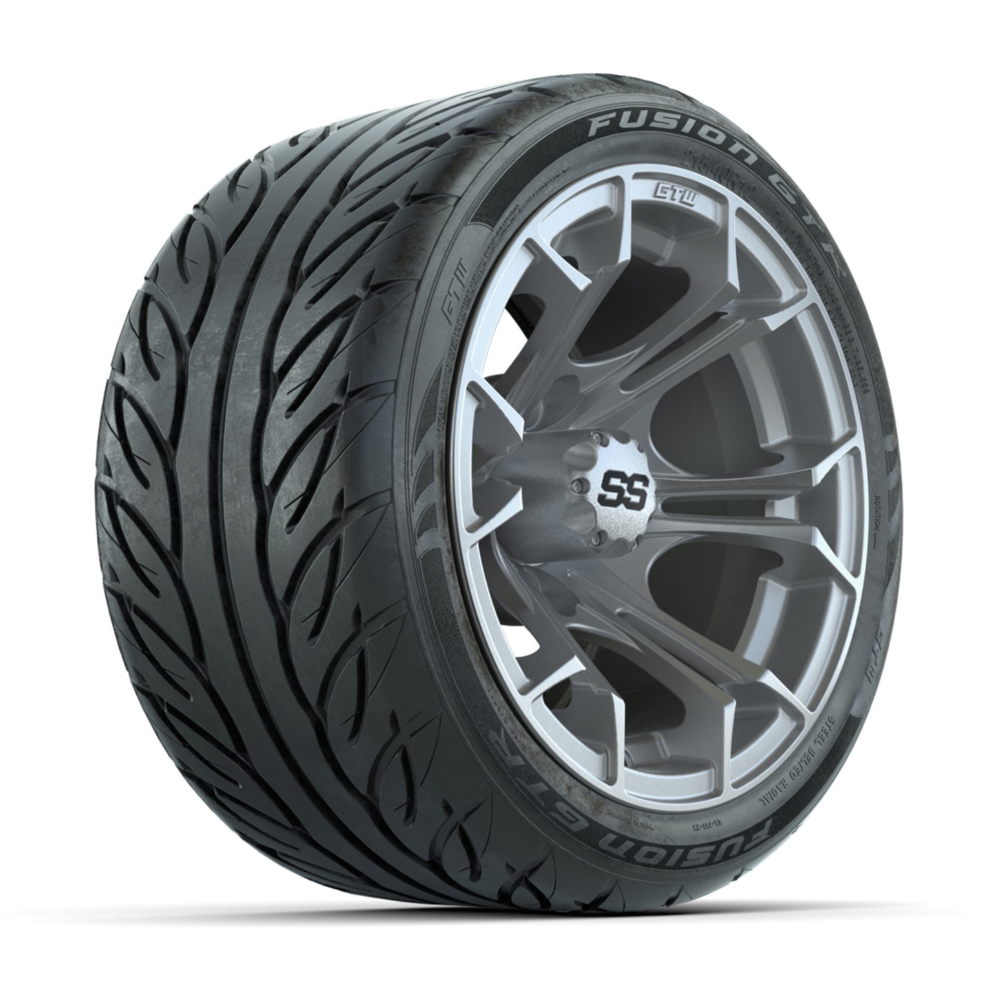 GTW® Spyder Silver Brush 12 in Wheels with 215/40-R12 Fusion GTR Steel Belt Radial Street Tires – Full Set