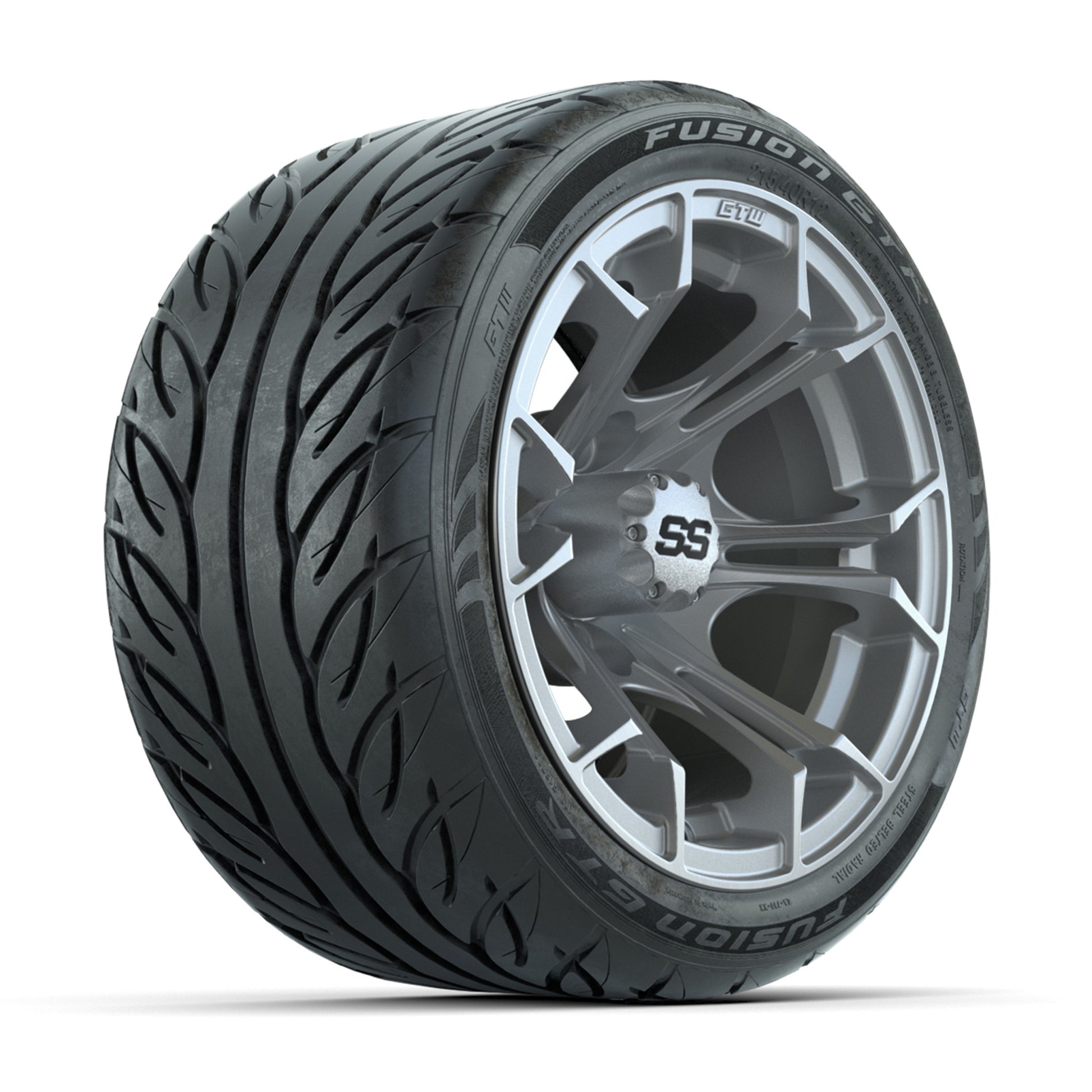 GTW® Spyder Silver Brush 12 in Wheels with 215/40-R12 Fusion GTR Steel Belt Radial Street Tires – Full Set