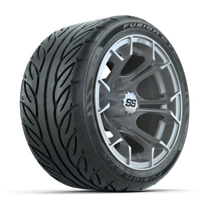 GTW® Spyder Silver Brush 12 in Wheels with 215/40-R12 Fusion GTR Steel Belt Radial Street Tires – Full Set