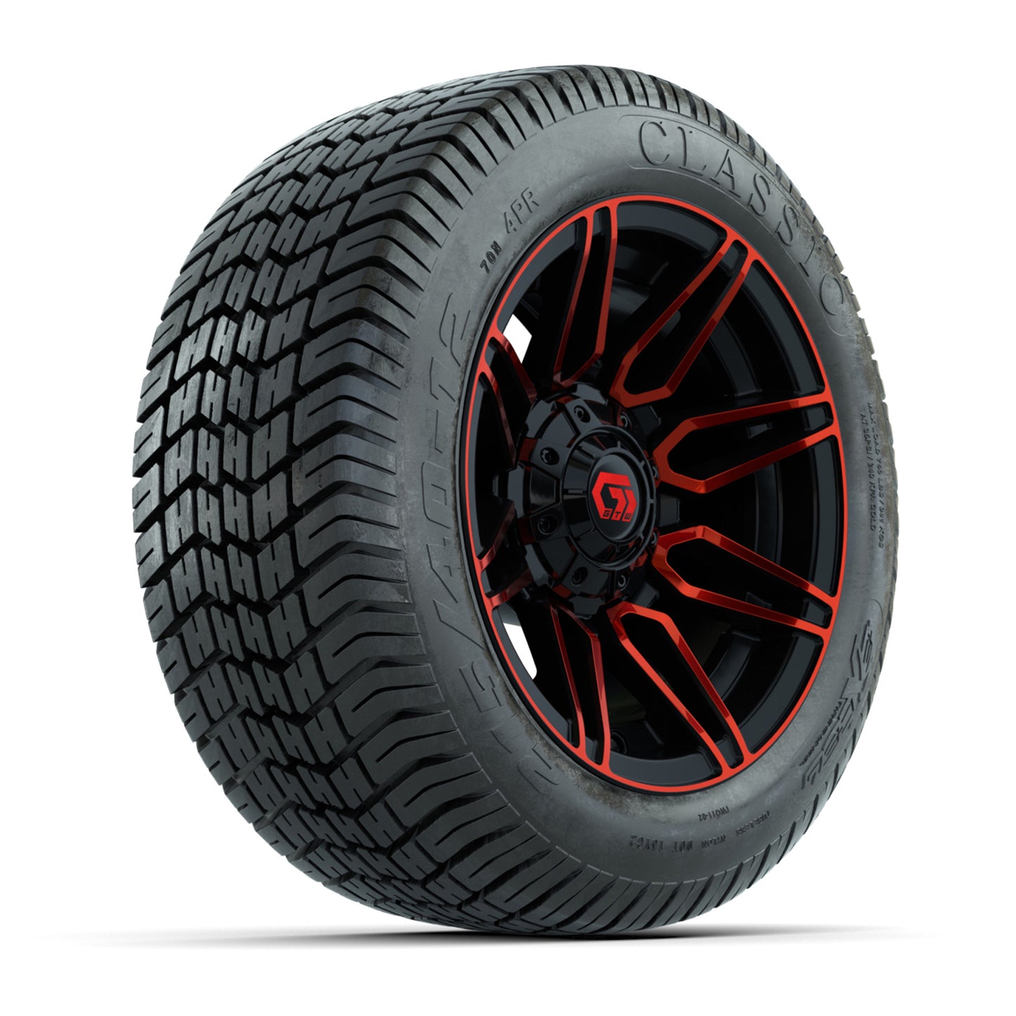 GTW® Stealth Red/Machined 12 in Wheels with 215/40-12 Excel Classic Street Tires – Full Set