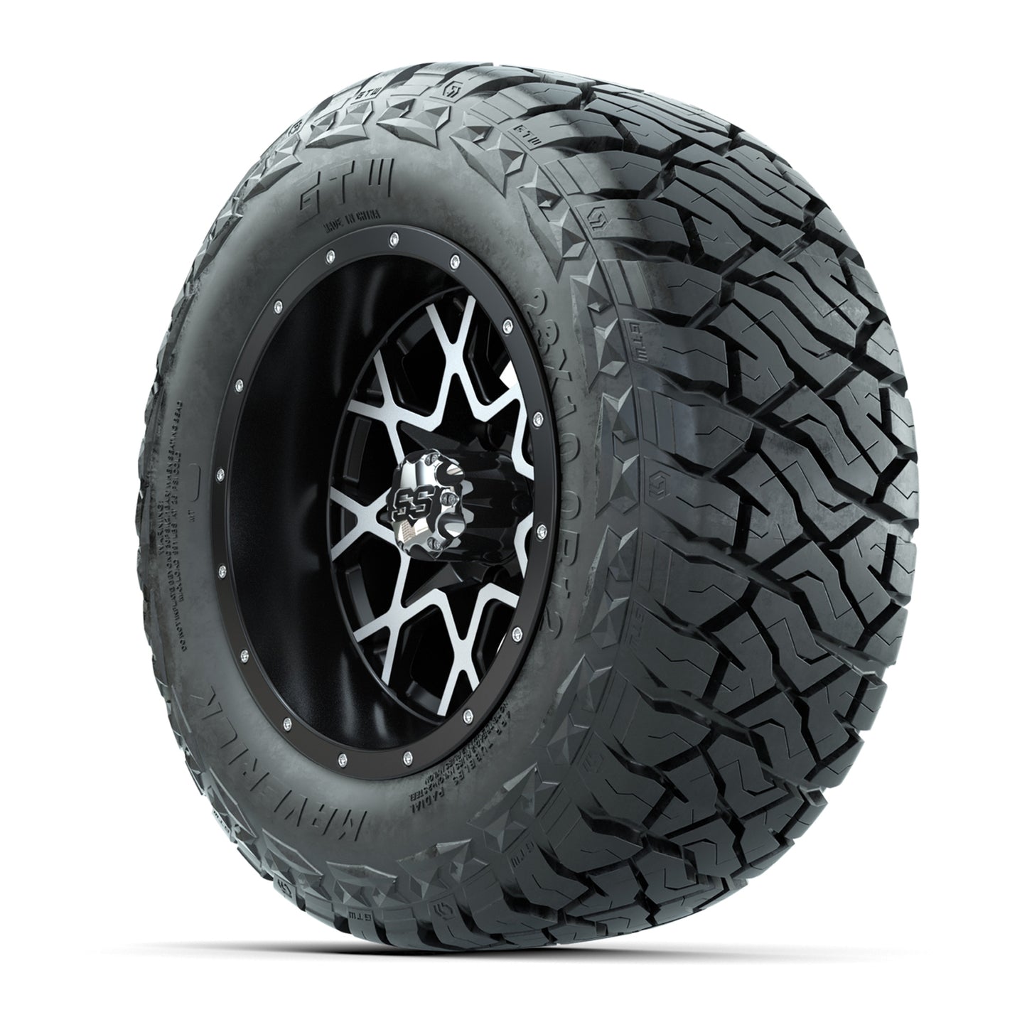 GTW Vortex Matte Black/Machined 12 in Wheels with 23x10.00-R12 Maverick All-Terrain Tires – Full Set
