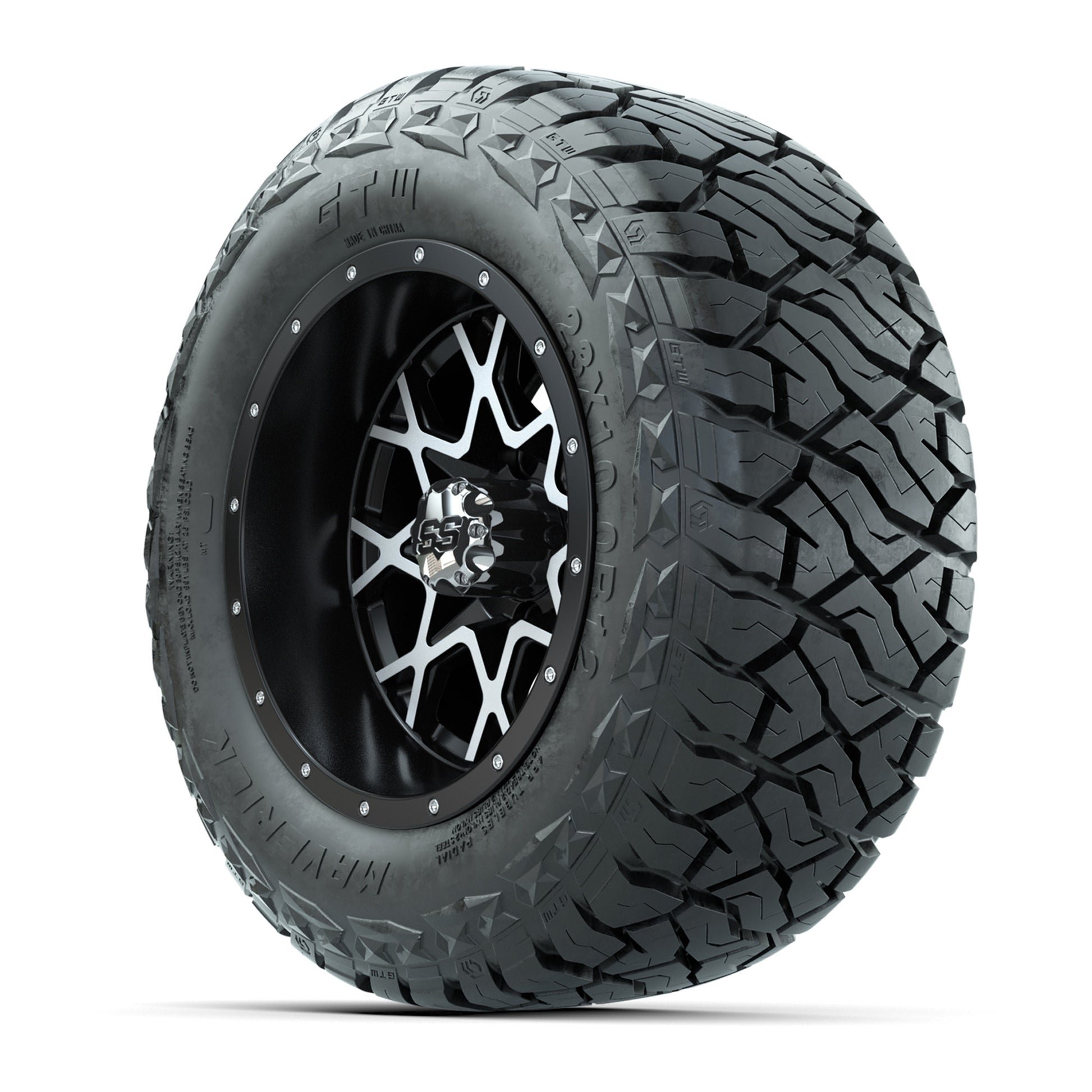 GTW Vortex Matte Black/Machined 12 in Wheels with 23x10.00-R12 Maverick All-Terrain Tires – Full Set