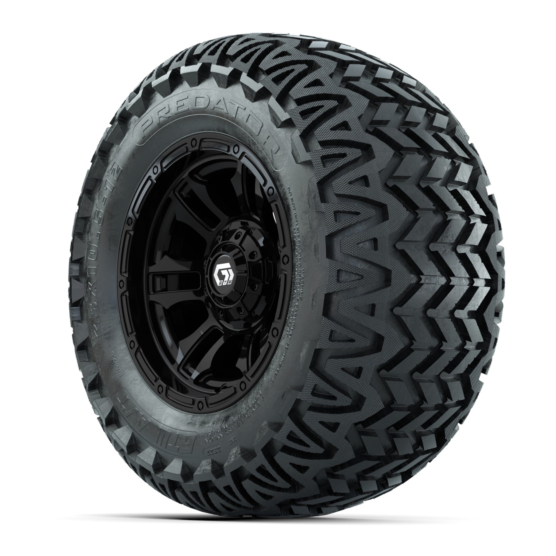 GTW® Shogun Gloss Black 12 in Wheels with 23X10.5-12 Predator All-Terrain Tires – Full Set