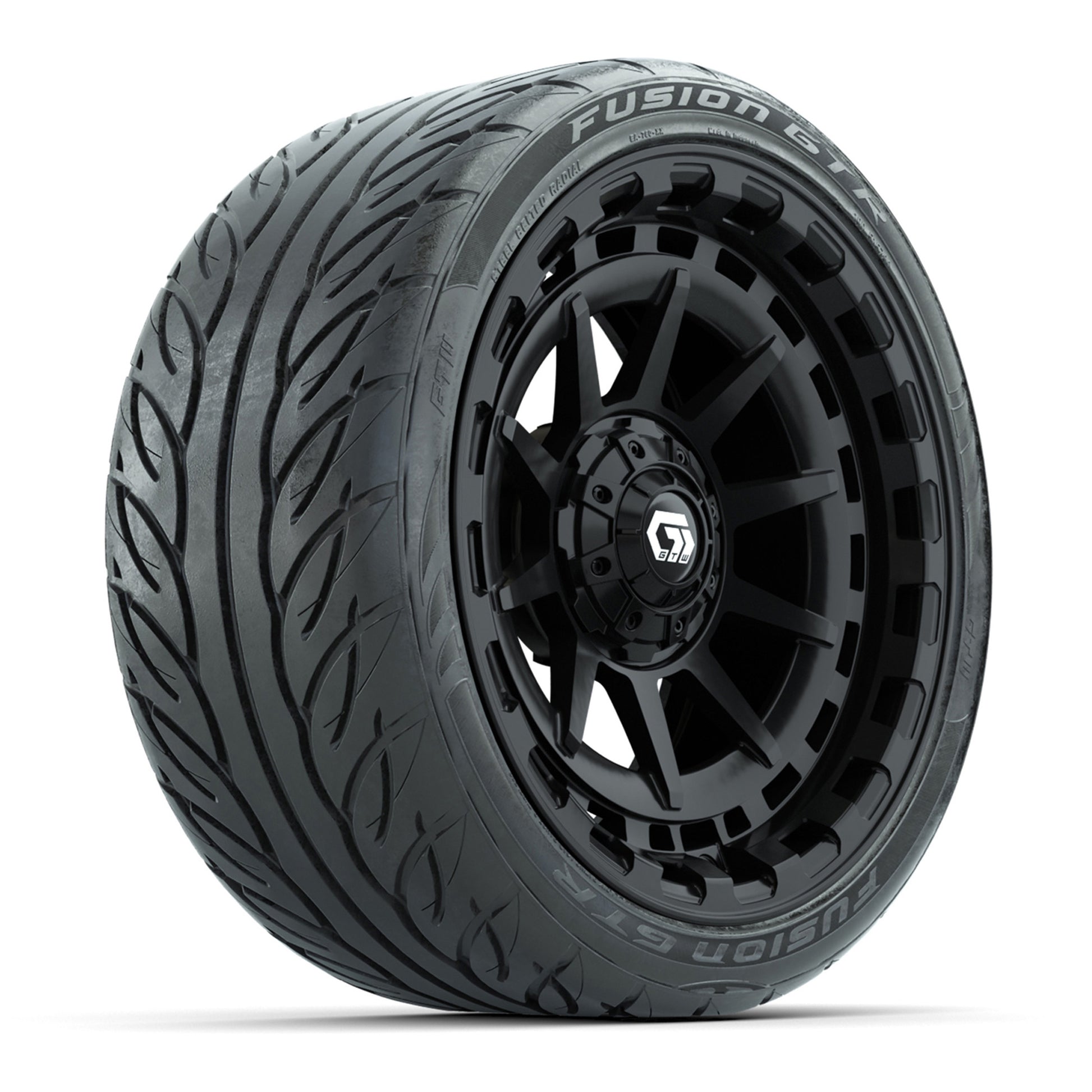 GTW® Barricade Gloss Black 15 in Wheels with 215/40-R15 Fusion GTR Steel Belted Street Tires – Full Set