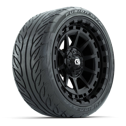 GTW® Barricade Gloss Black 15 in Wheels with 215/40-R15 Fusion GTR Steel Belted Street Tires – Full Set
