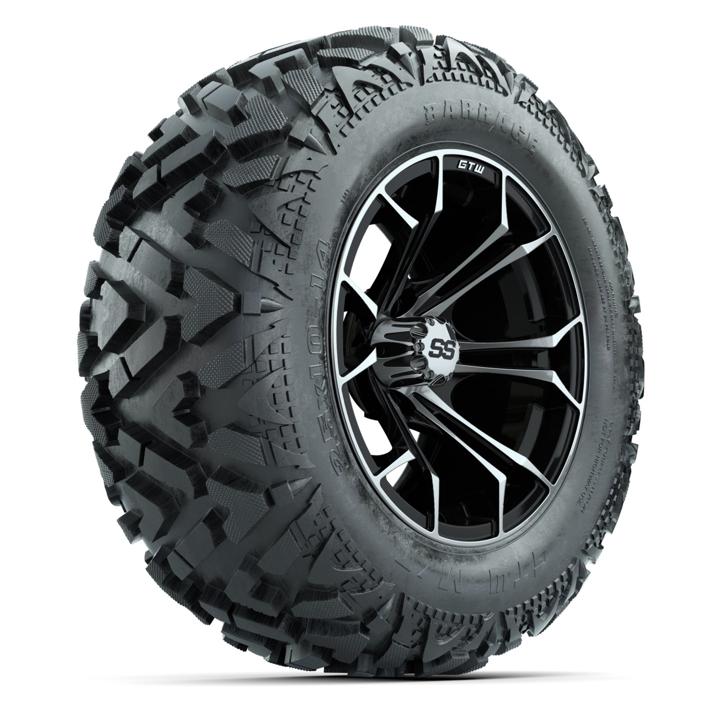 GTW Spyder Black/Machined 14 in Wheels with 25x10-14 Barrage Mud Tires – Full Set