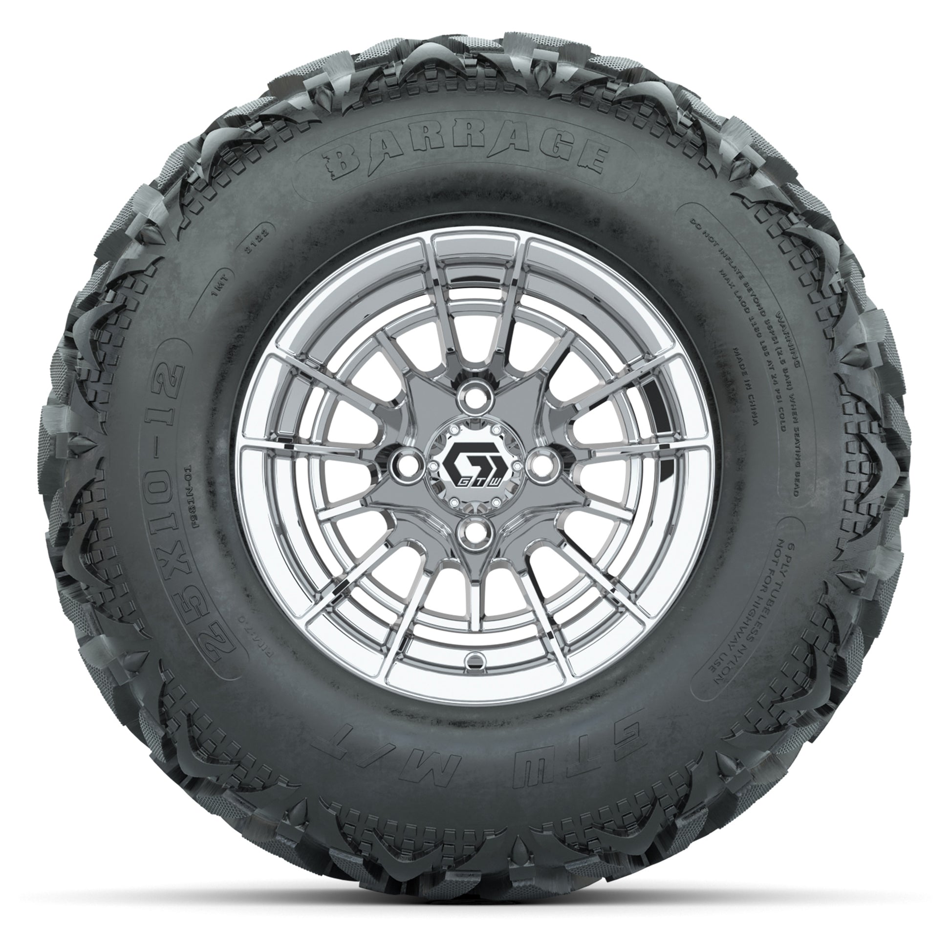 GTW® Boost Chrome 12 in Wheels with 25X10-12 Barrage Mud Tires – Full Set