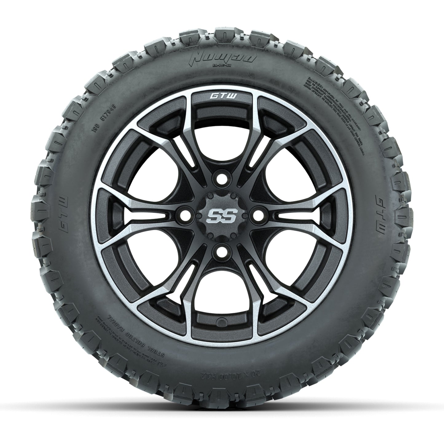 GTW® Spyder Matte Gray/Machined 12 in Wheels with 20X10-12 Nomad Steel Belt Radial All-Terrain Tires – Full Set