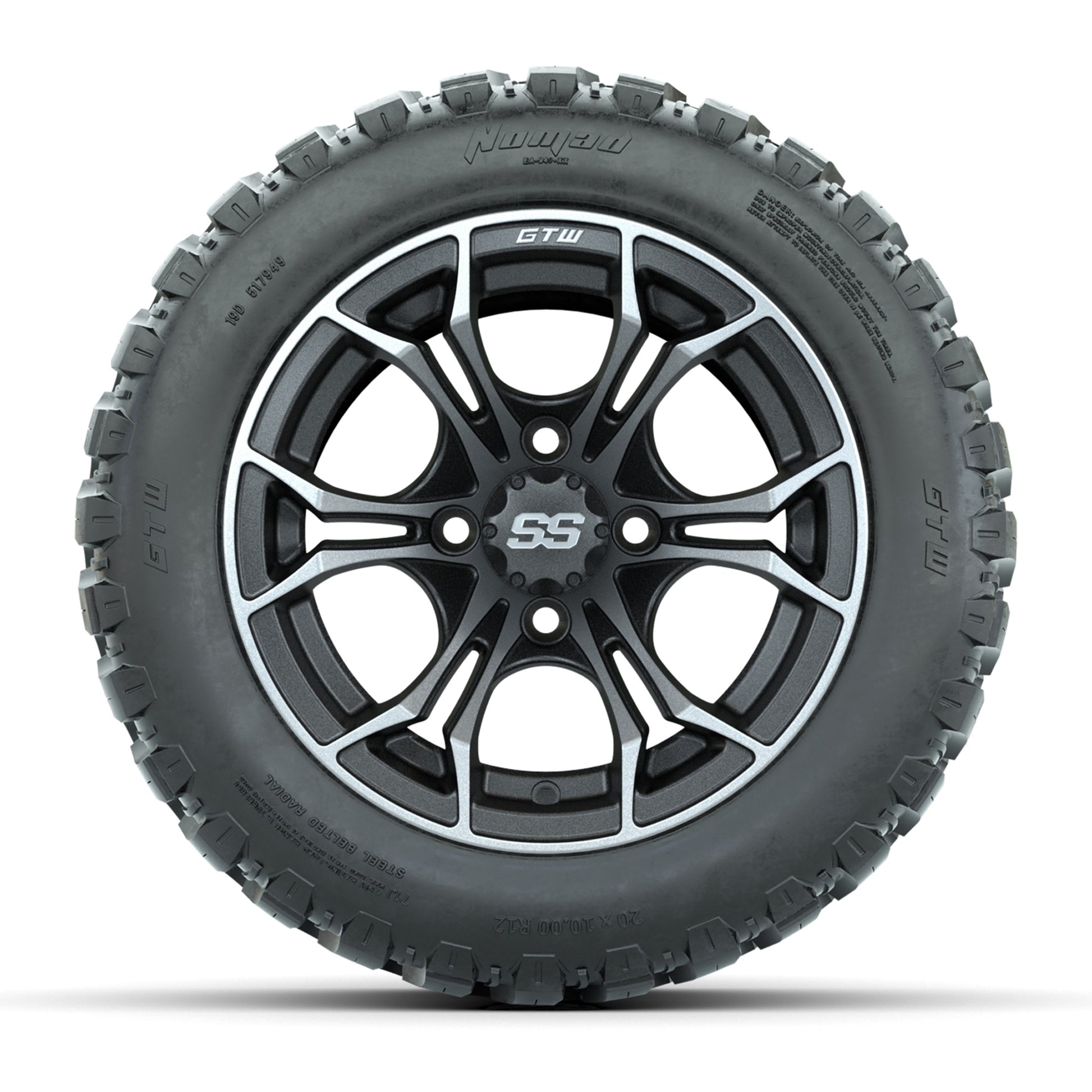 GTW® Spyder Matte Gray/Machined 12 in Wheels with 20X10-12 Nomad Steel Belt Radial All-Terrain Tires – Full Set
