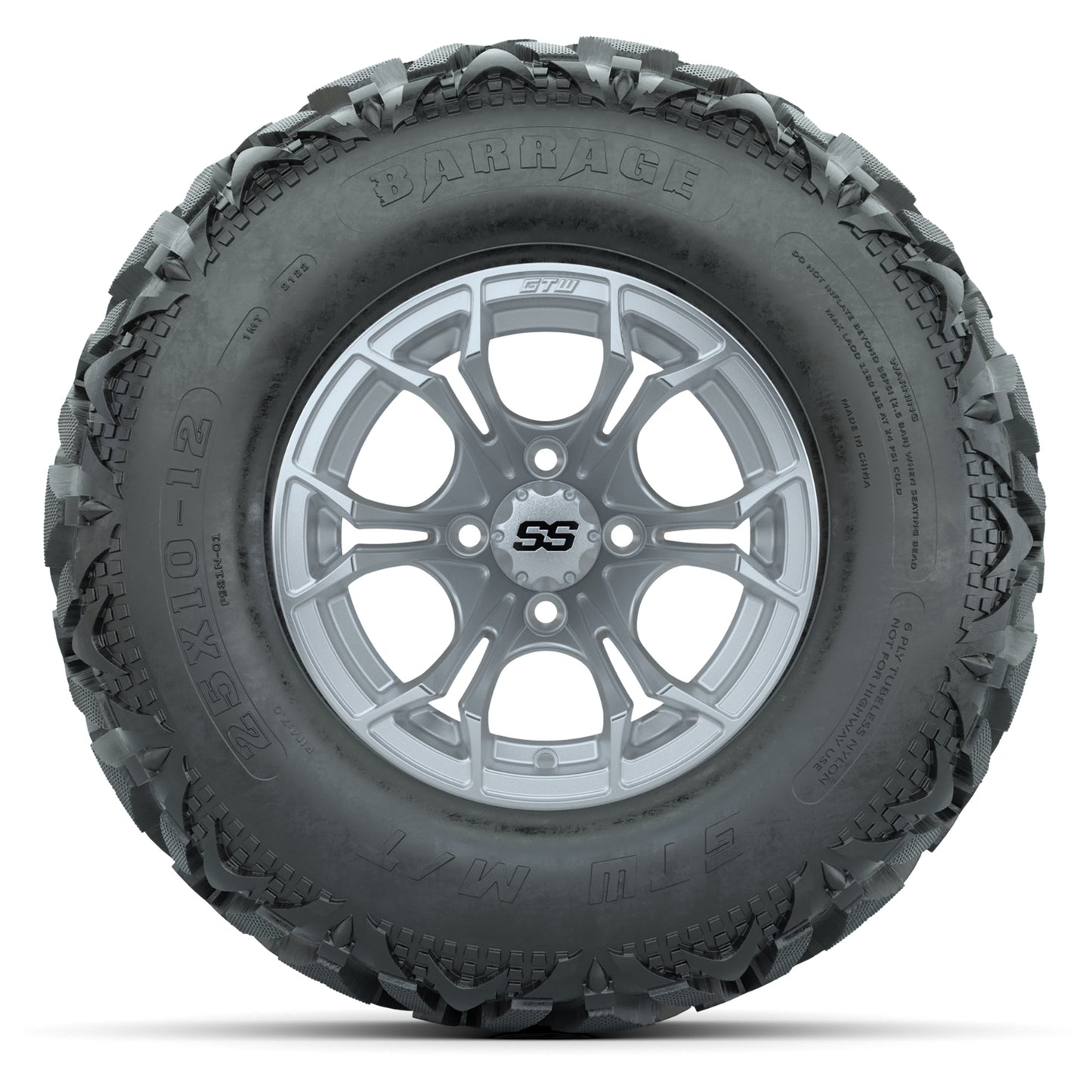 GTW® Spyder Silver Brush 12 in Wheels with 25X10-12 Barrage Mud Tires – Full Set