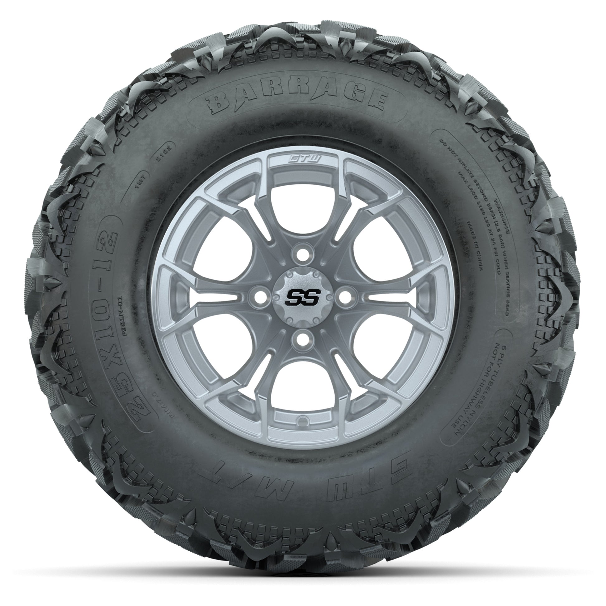 GTW® Spyder Silver Brush 12 in Wheels with 25X10-12 Barrage Mud Tires – Full Set