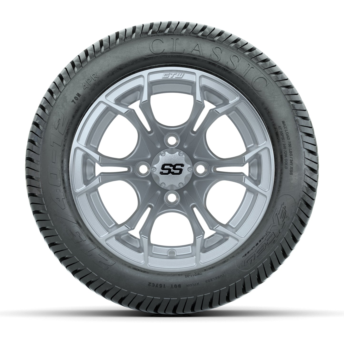 GTW® Spyder Silver Brush 12 in Wheels with 215/40-12 Excel Classic Street Tires – Full Set