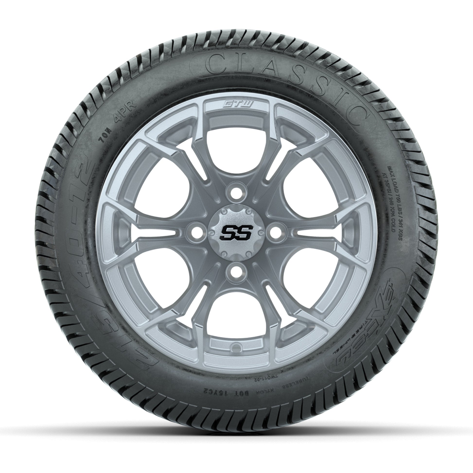 GTW® Spyder Silver Brush 12 in Wheels with 215/40-12 Excel Classic Street Tires – Full Set