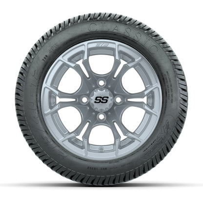 GTW® Spyder Silver Brush 12 in Wheels with 215/40-12 Excel Classic Street Tires – Full Set