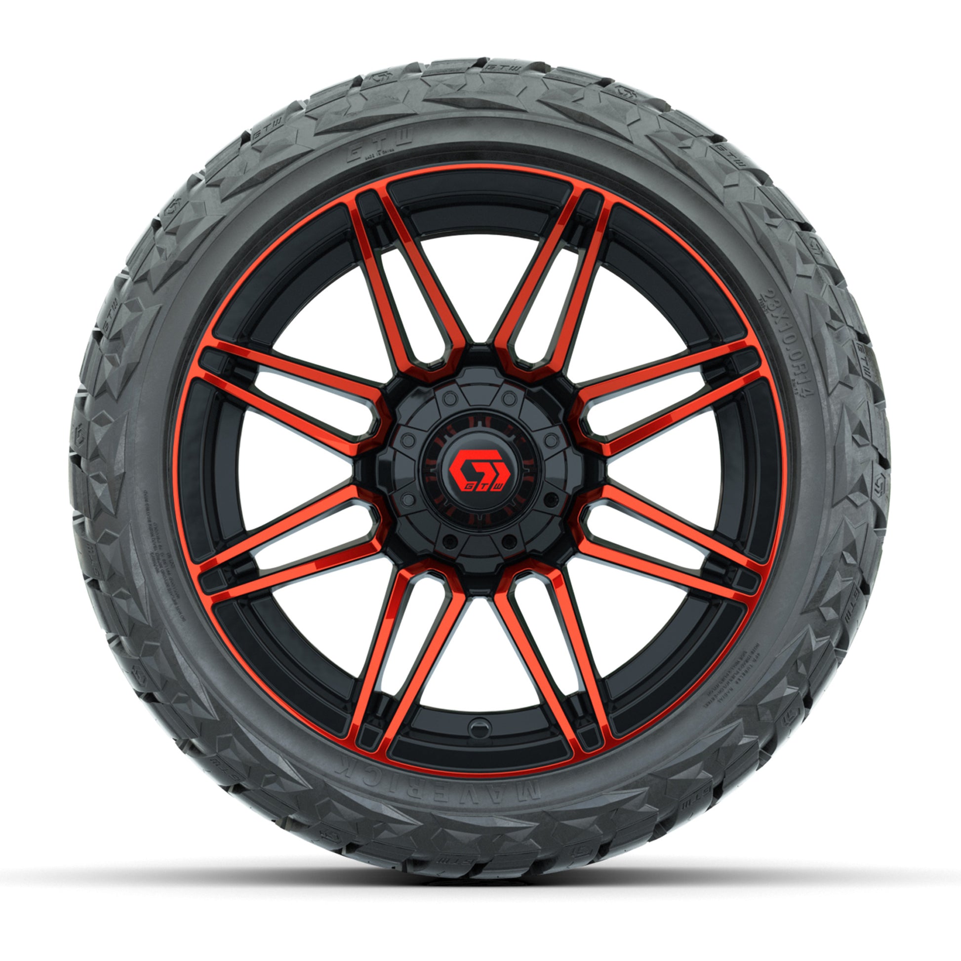 GTW Stealth Gloss Black/Red 14 in Wheels with 23x10.00-R14 Maverick All-Terrain Tires – Full Set