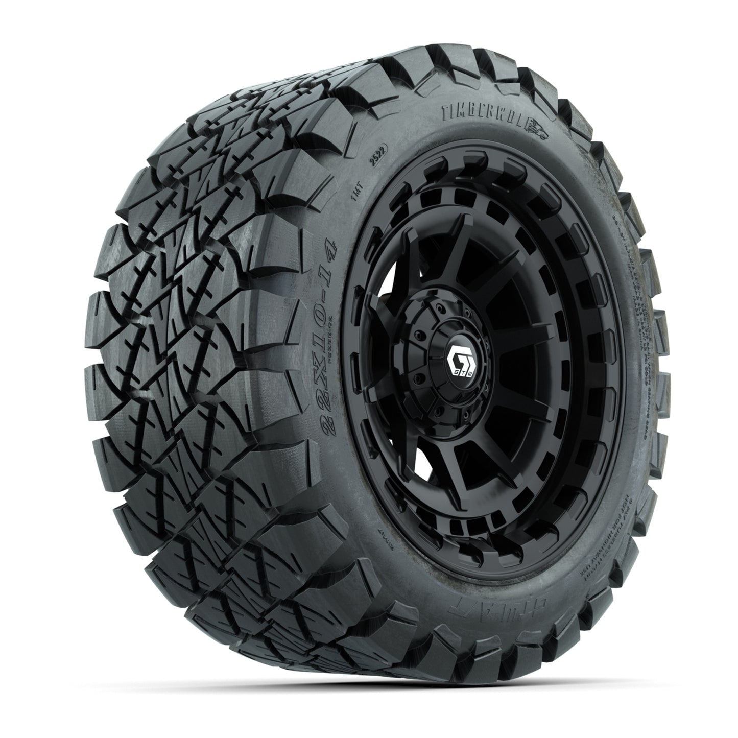 GTW® Barricade Gloss Black 14 in Wheels with 22x10-14 Timberwolf All-Terrain Tires – Full Set