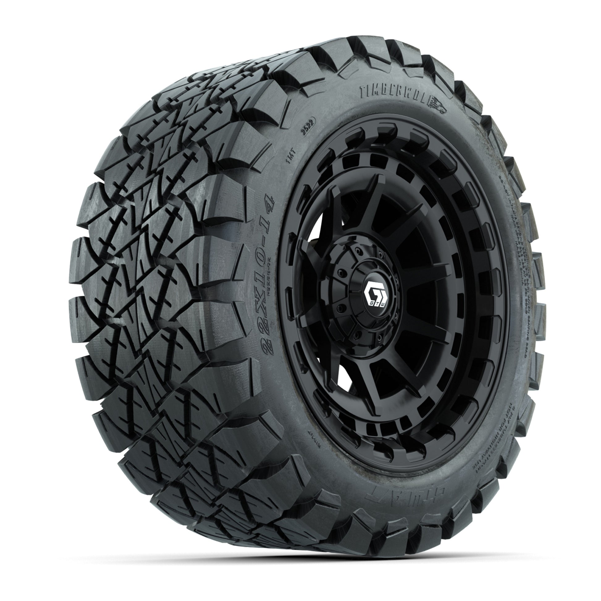 GTW® Barricade Gloss Black 14 in Wheels with 22x10-14 Timberwolf All-Terrain Tires – Full Set