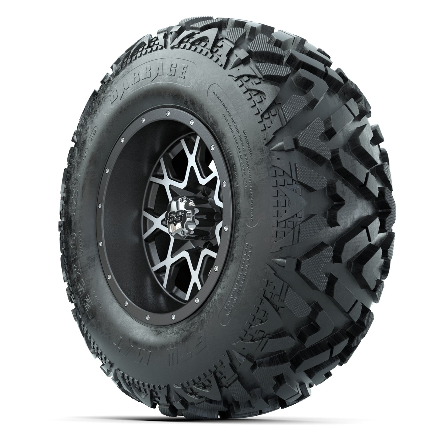 GTW® Vortex 2 Matte Gray/Machined 12 in Wheels with 25X10-12 Barrage Mud Tires – Full Set
