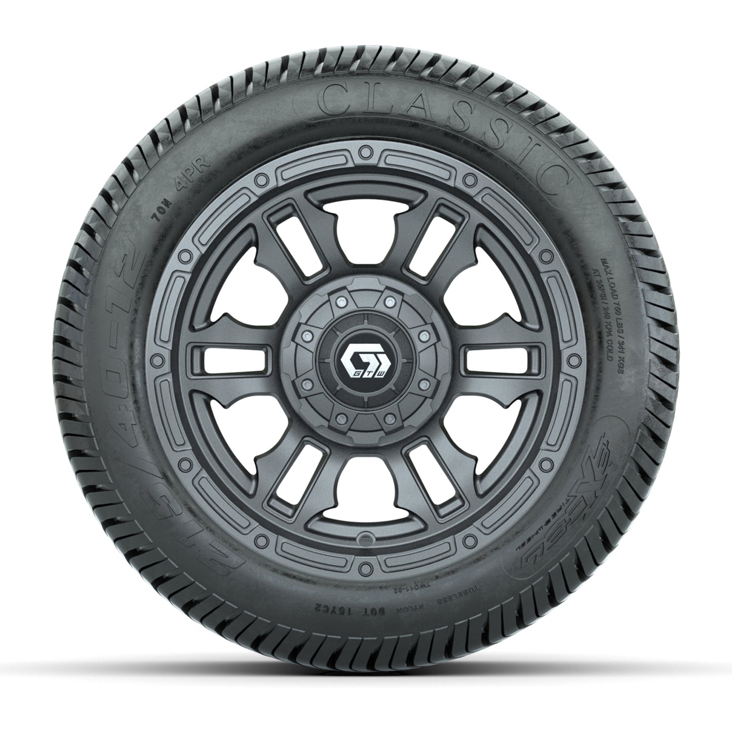 GTW® Shogun Gunmetal 12 in Wheels with 215/40-12 Excel Classic Street Tires – Full Set