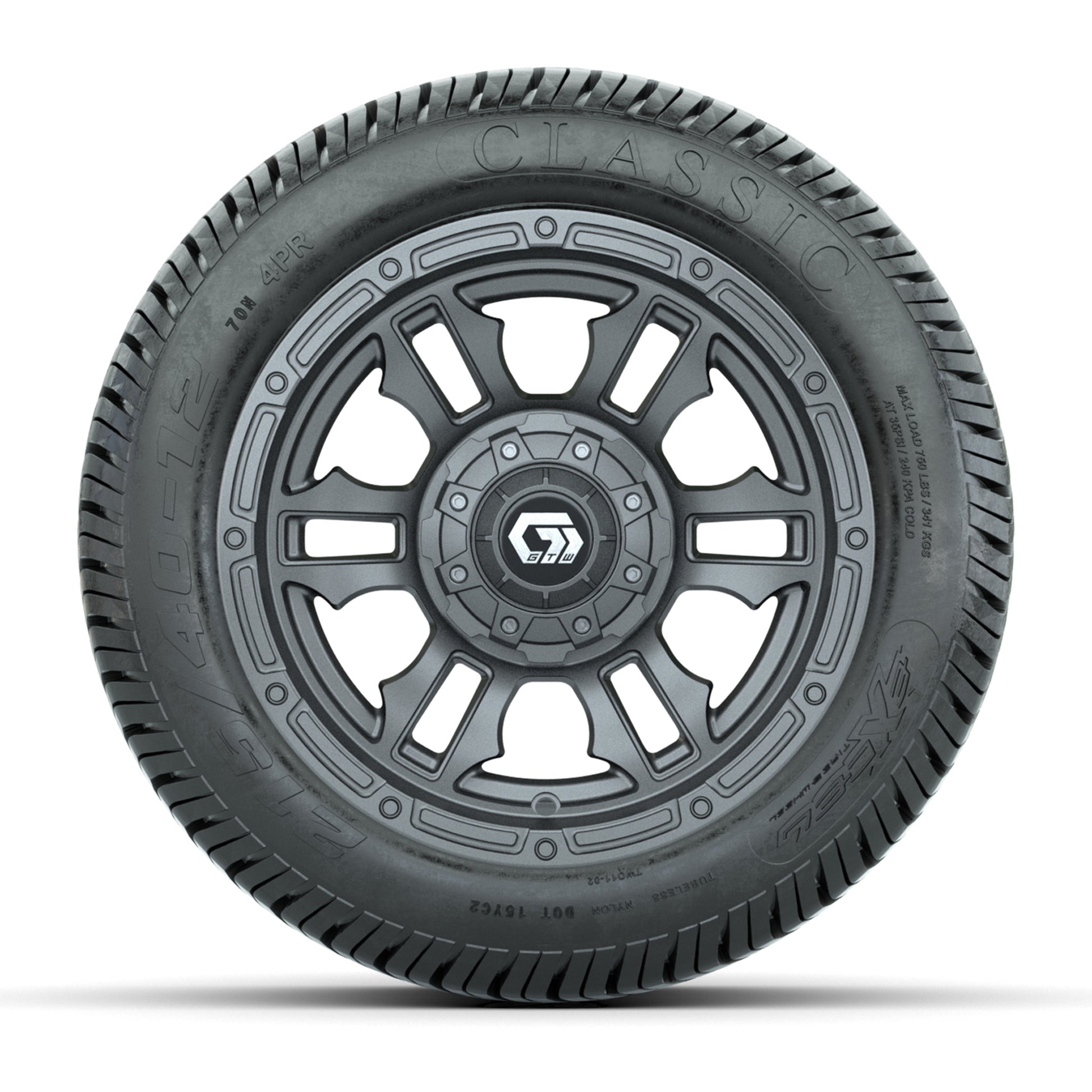 GTW® Shogun Gunmetal 12 in Wheels with 215/40-12 Excel Classic Street Tires – Full Set
