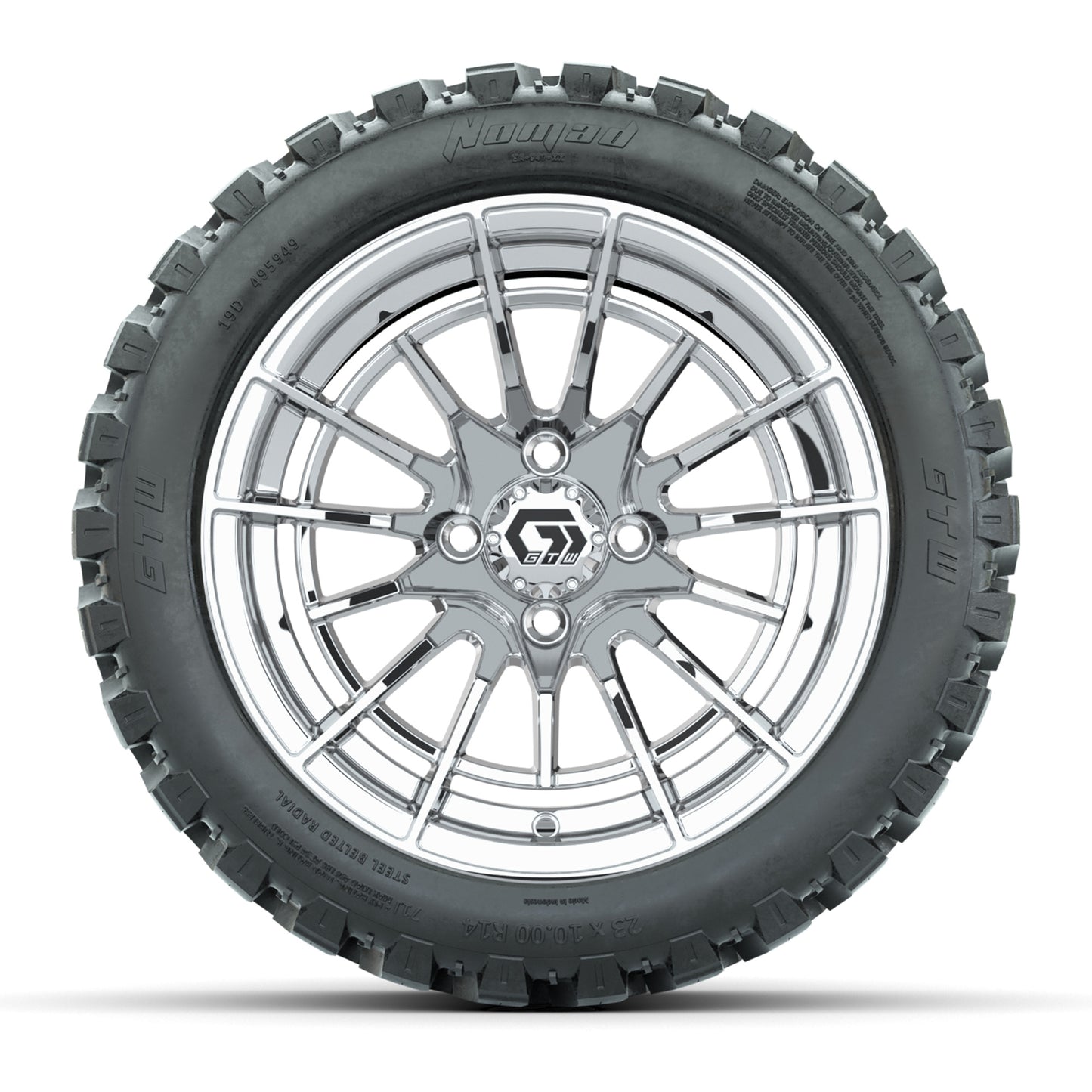 GTW® Boost Chrome 14 in Wheels with 23X10-R14 Nomad Steel Belt Radial All-Terrain Tires – Full Set