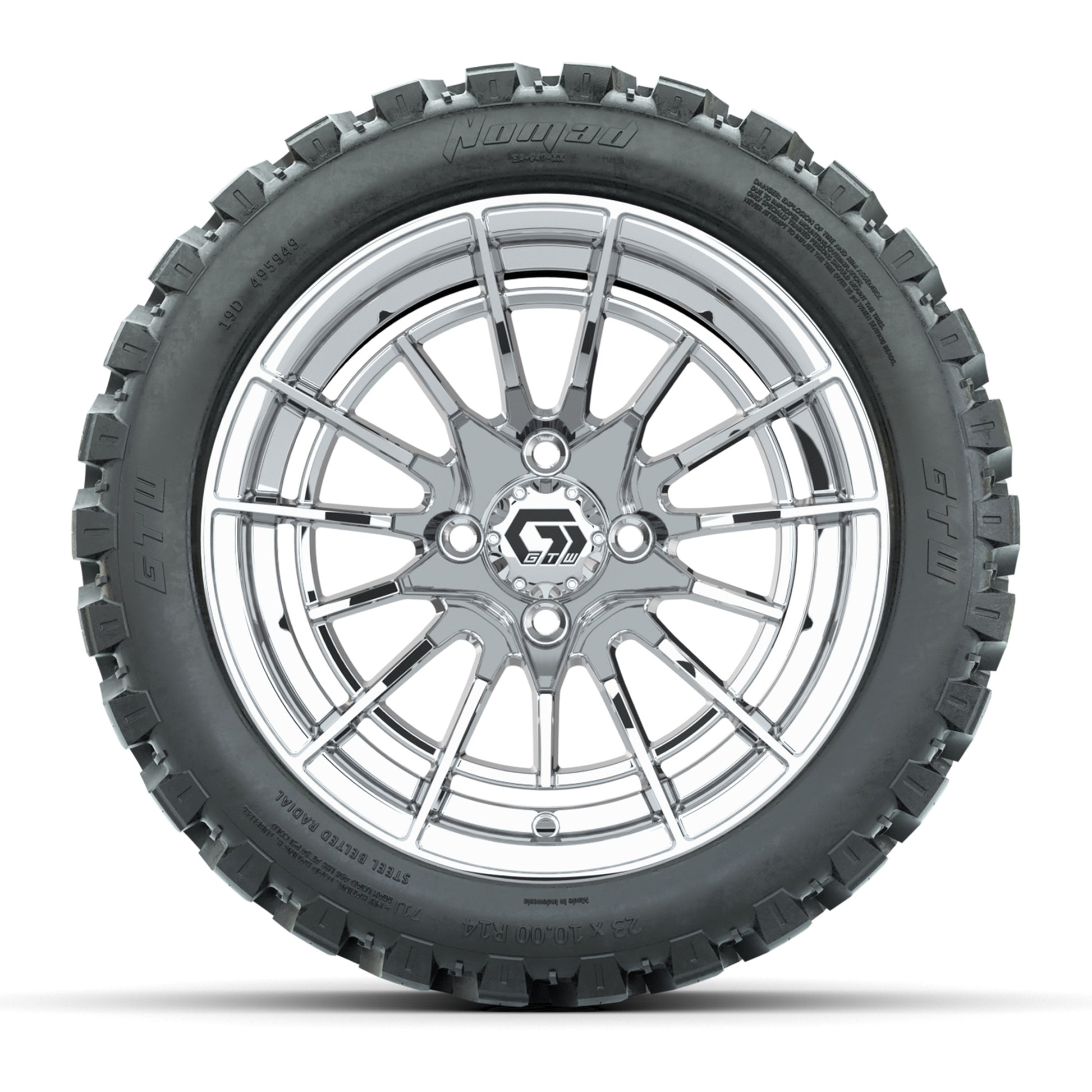 GTW® Boost Chrome 14 in Wheels with 23X10-R14 Nomad Steel Belt Radial All-Terrain Tires – Full Set