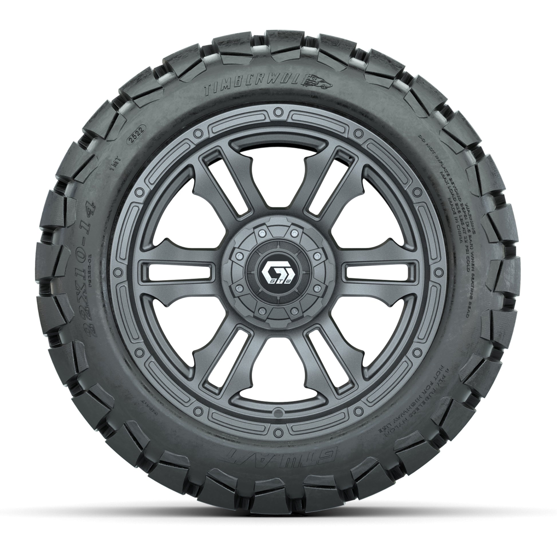 GTW® Shogun Gunmetal 14 in Wheels with 22x10-14 Timberwolf All-Terrain Tires – Full Set