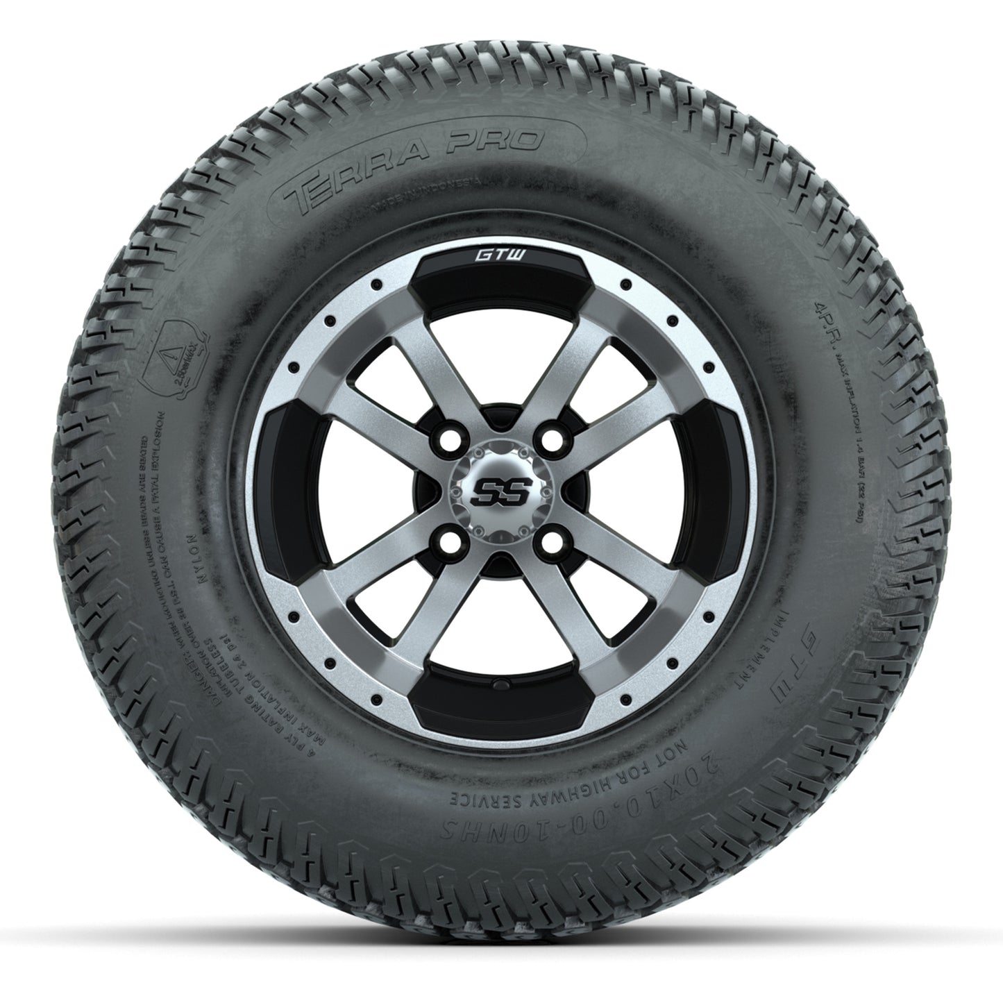 GTW Storm Trooper Black/Machined 10 in Wheels with 20x10-10 S-Pattern Terra Pro Street Tires – Full Set