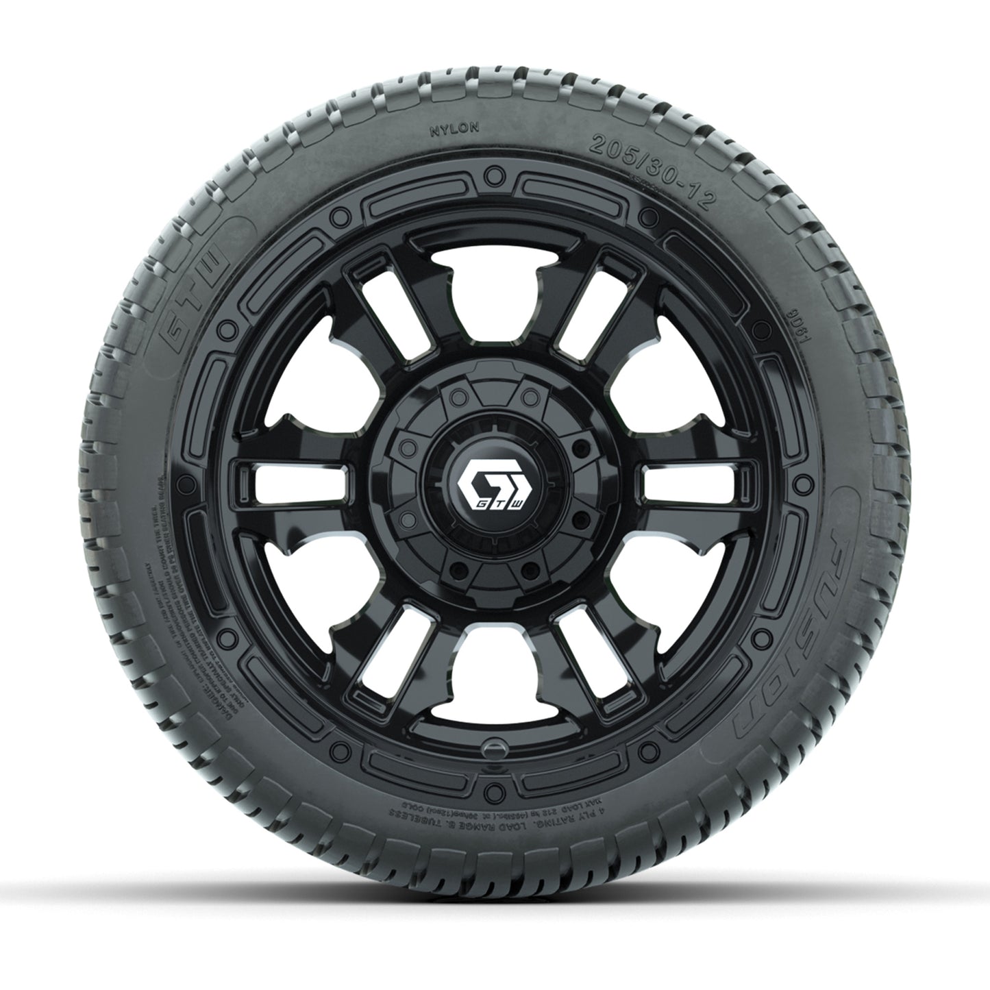 GTW® Shogun Gloss Black 12 in Wheels with 205/30-12 Fusion Street Tires – Full Set