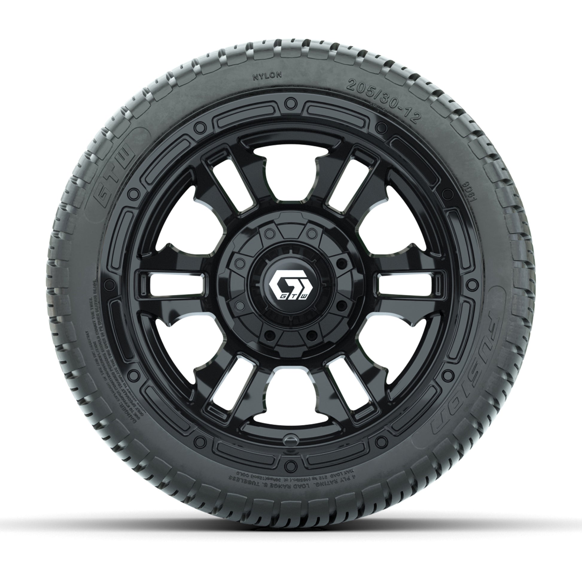 GTW® Shogun Gloss Black 12 in Wheels with 205/30-12 Fusion Street Tires – Full Set