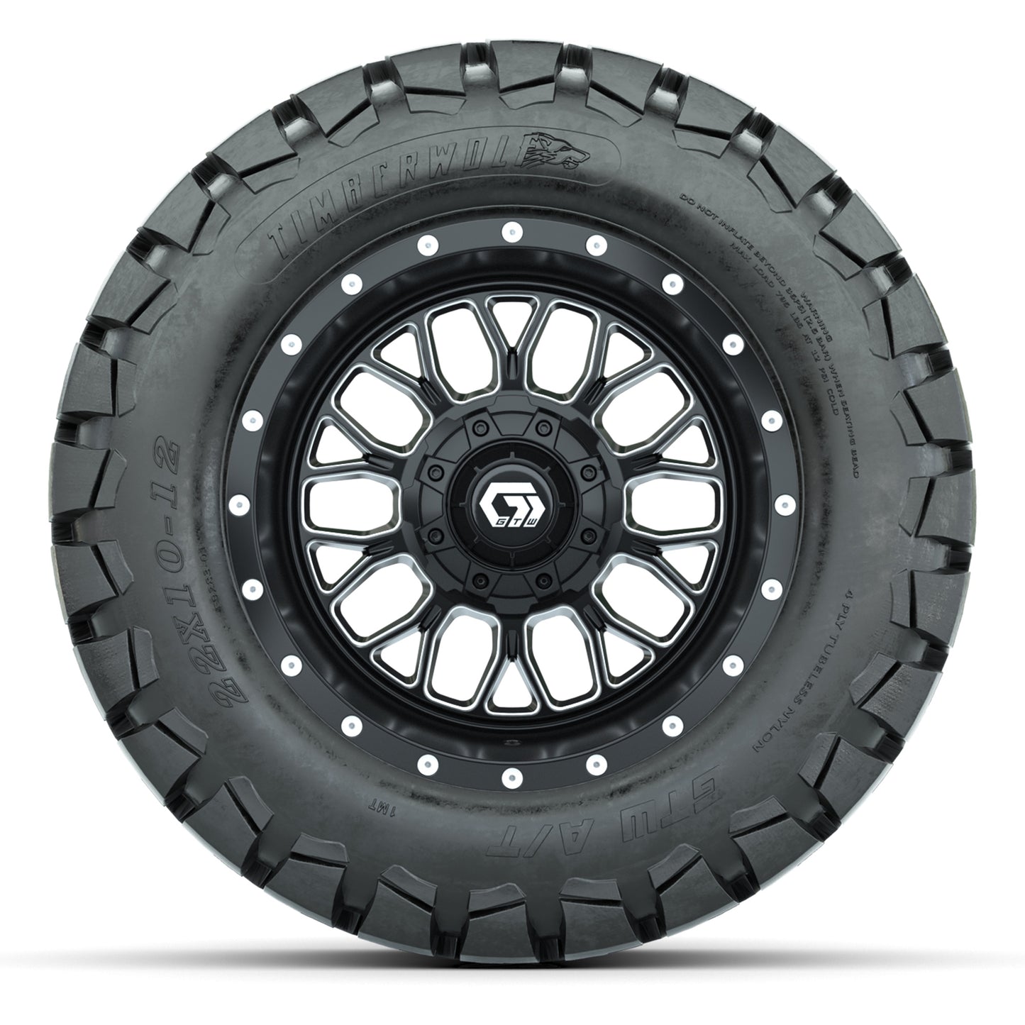 GTW® Helix Black/Machined 12 in Wheels with 22X10-12 Timberwolf All-Terrain Tires – Full Set
