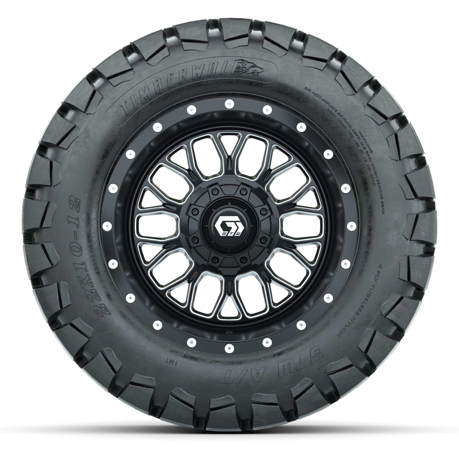 GTW® Helix Black/Machined 12 in Wheels with 22X10-12 Timberwolf All-Terrain Tires – Full Set