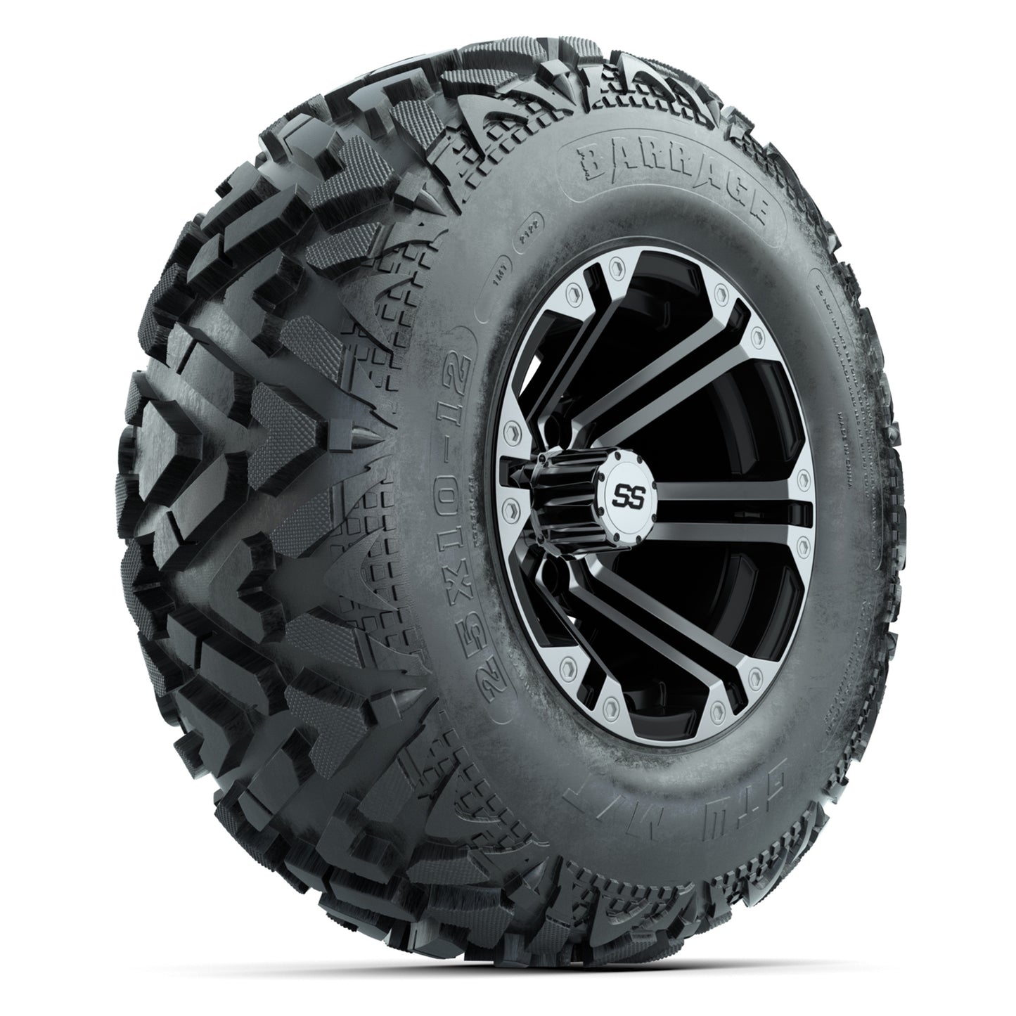 GTW® Specter Black/Machined 12 in Wheels with 25X10-12 Barrage Mud Tires – Full Set