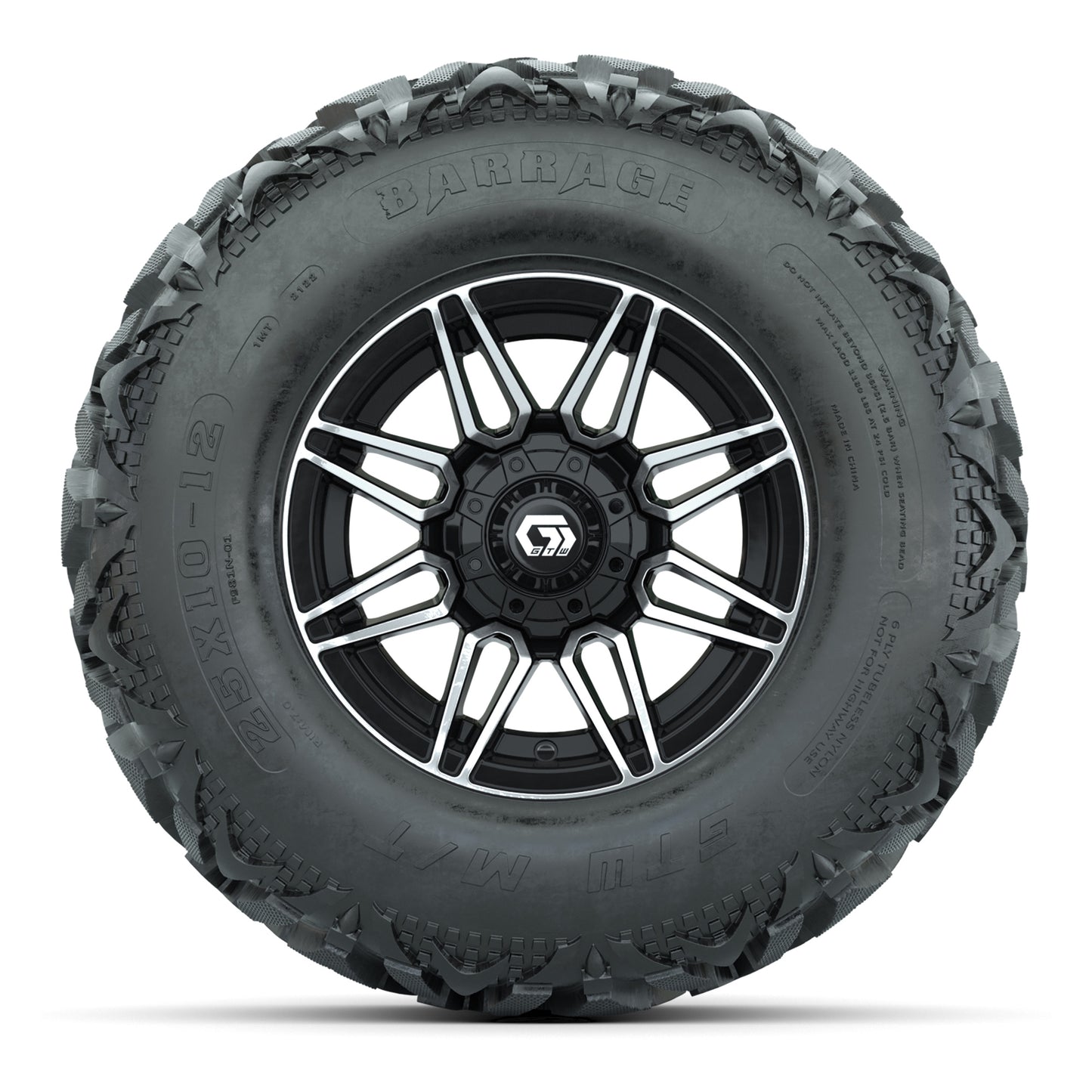 GTW® Stealth Black/Machined 12 in Wheels with 25X10-12 Barrage Mud Tires – Full Set