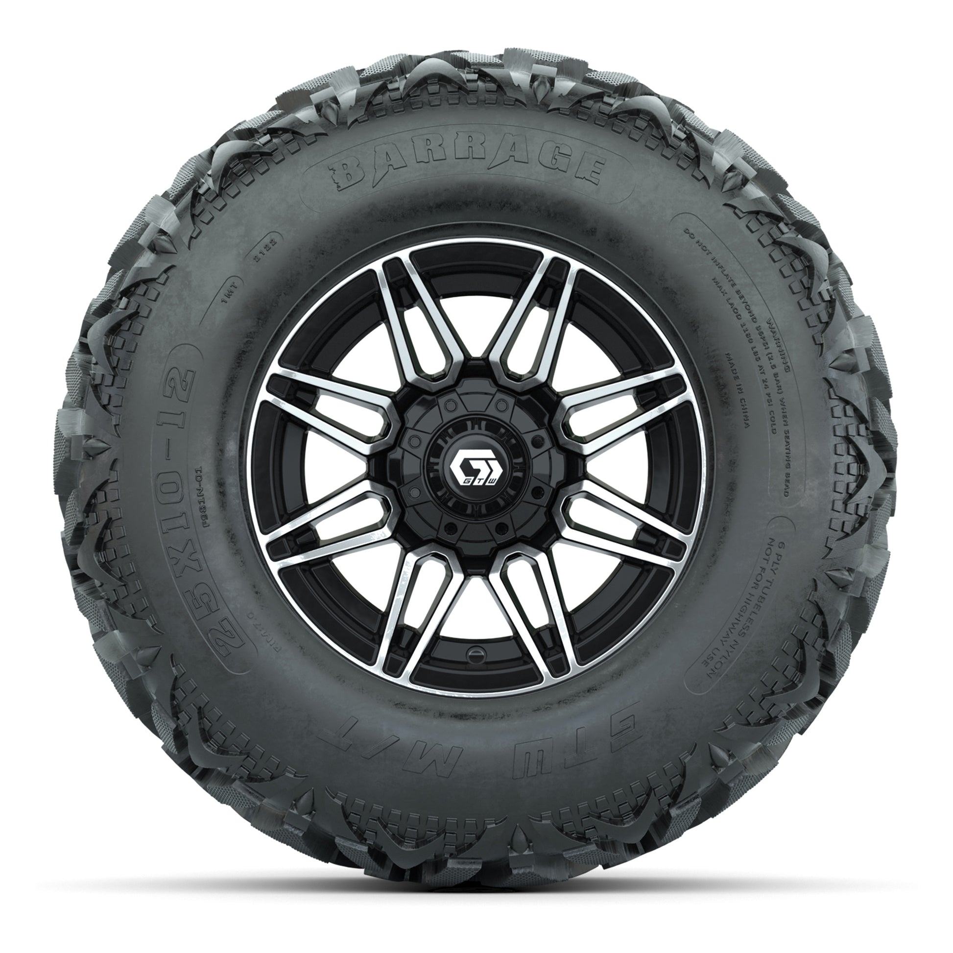 GTW® Stealth Black/Machined 12 in Wheels with 25X10-12 Barrage Mud Tires – Full Set