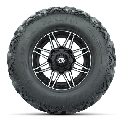 GTW® Stealth Black/Machined 12 in Wheels with 25X10-12 Barrage Mud Tires – Full Set