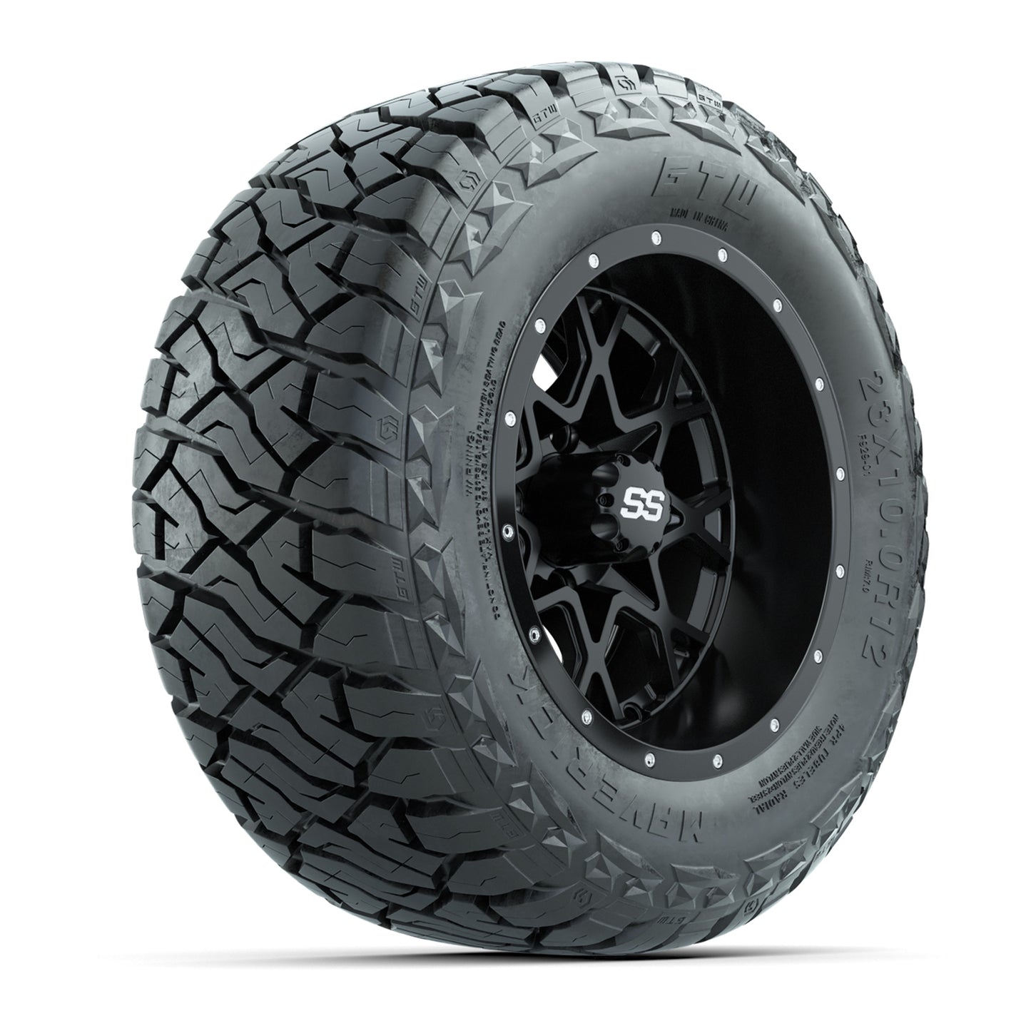 GTW Vortex Matte Black 12 in Wheels with 23x10.00-R12 Maverick All-Terrain Tires – Full Set