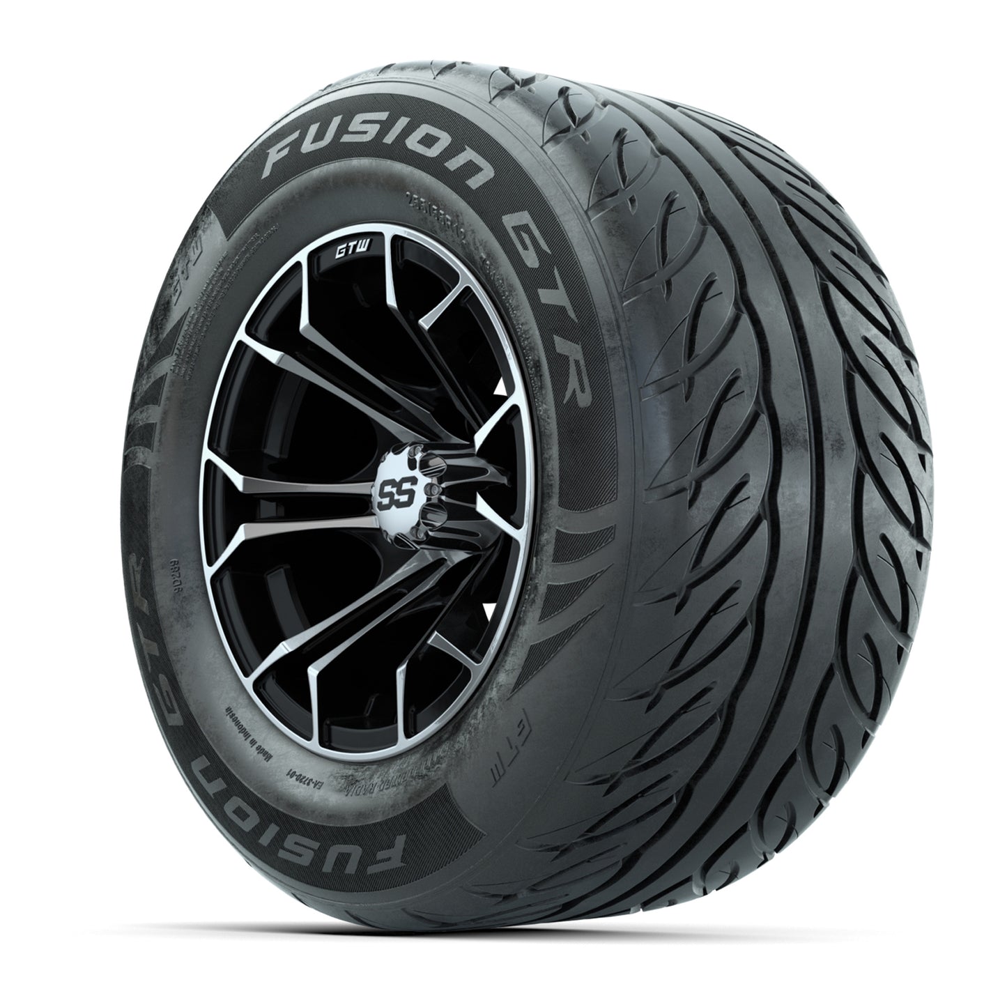 GTW® Spyder Black/Machined 12 in Wheels with 255/55-R12 Fusion GTR Steel Belt Radial Street Tires – Full Set