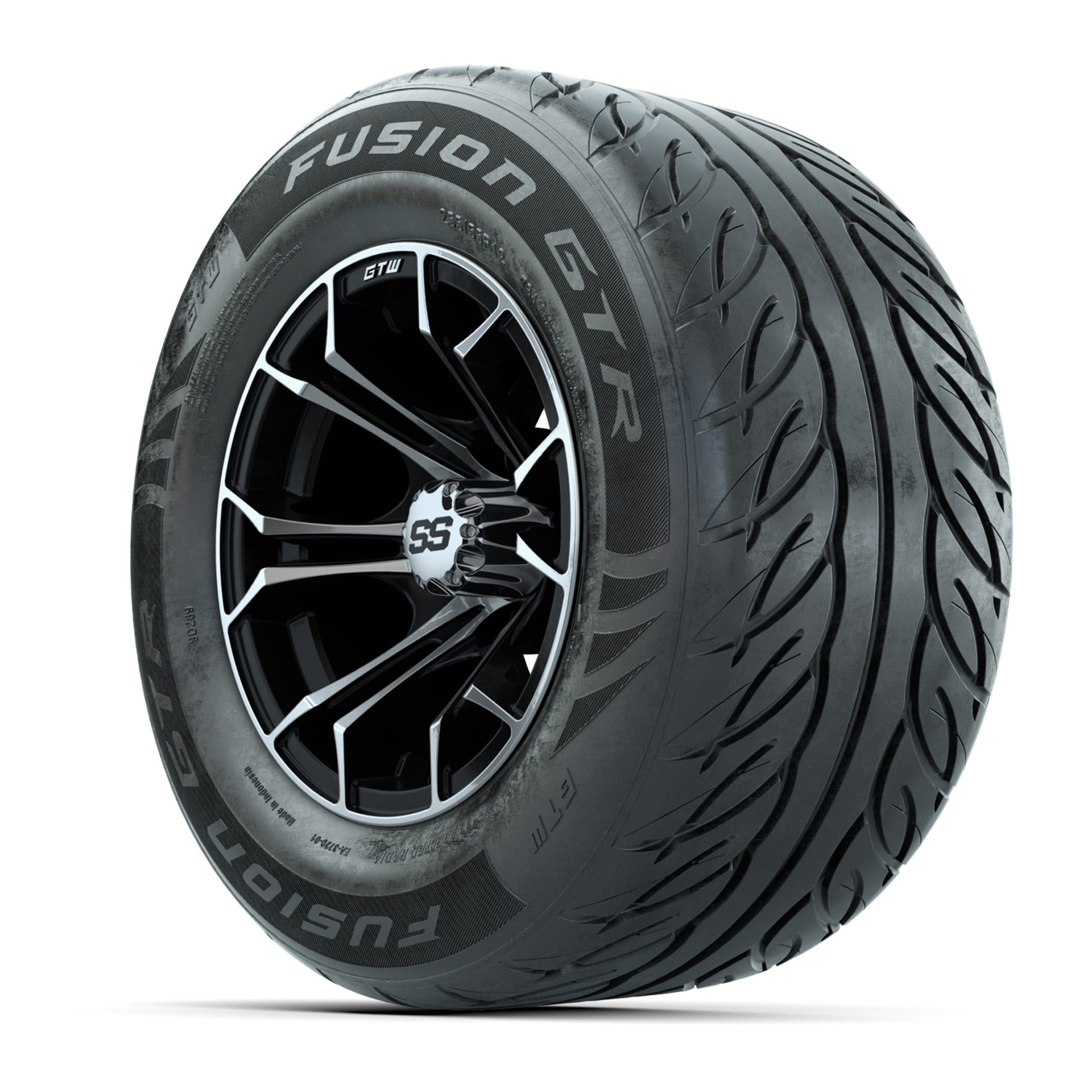 GTW® Spyder Black/Machined 12 in Wheels with 255/55-R12 Fusion GTR Steel Belt Radial Street Tires – Full Set