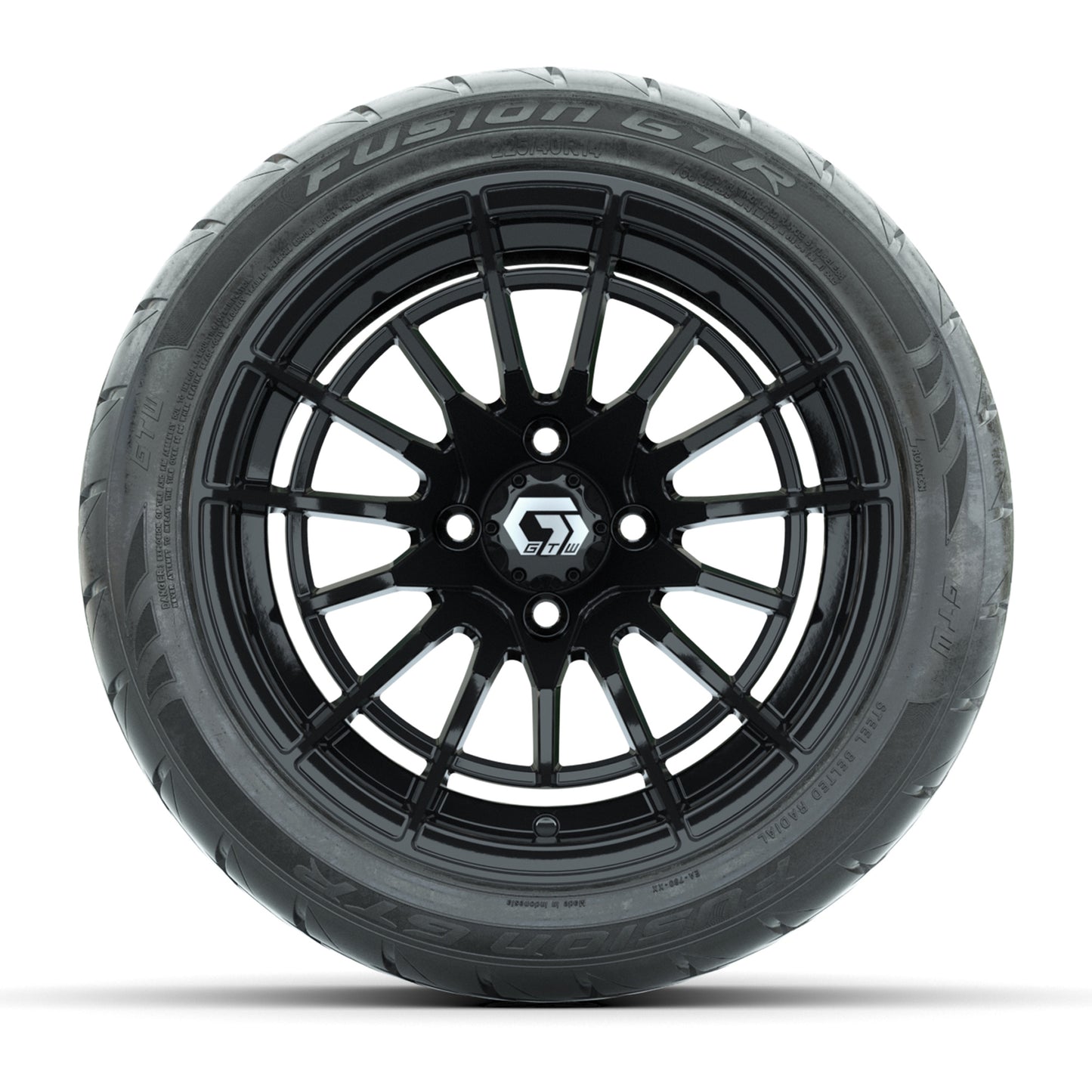 GTW® Boost Gloss Black 14 in Wheels with 225/40-R14 Fusion GTR Steel Belt Radial Street Tires – Full Set