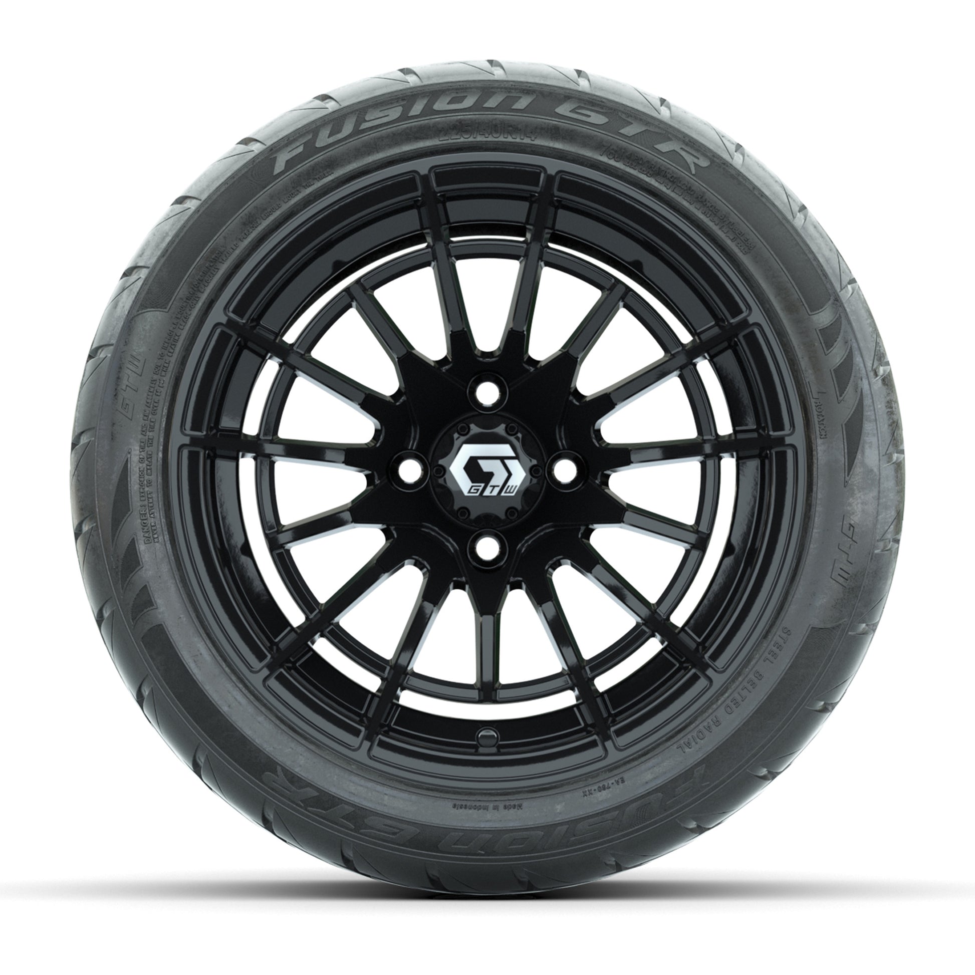 GTW® Boost Gloss Black 14 in Wheels with 225/40-R14 Fusion GTR Steel Belt Radial Street Tires – Full Set