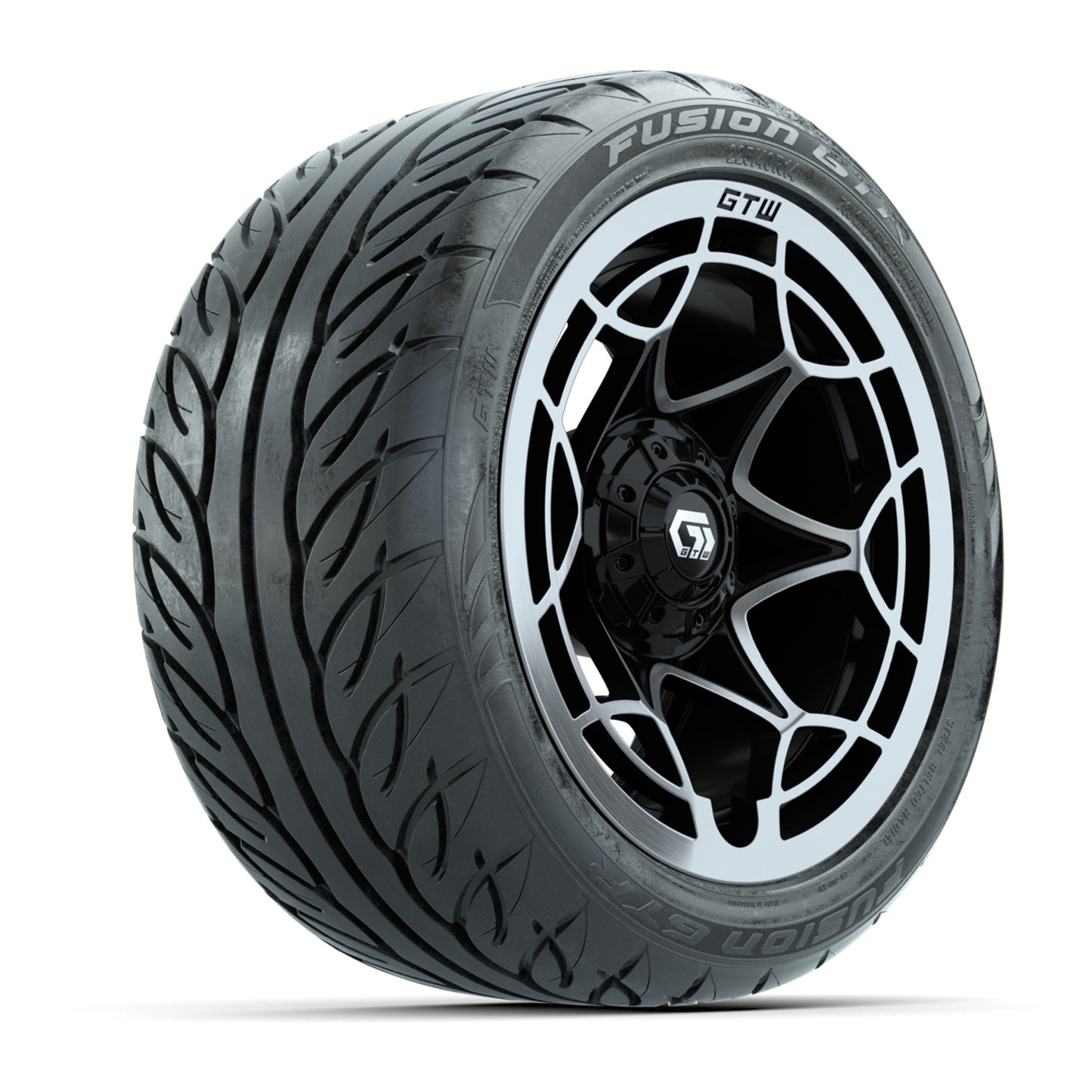 GTW® Nexus Black with Silver Face 14 in Wheels with 225/40-R14 Fusion GTR Steel Belt Radial Street Tires – Full Set