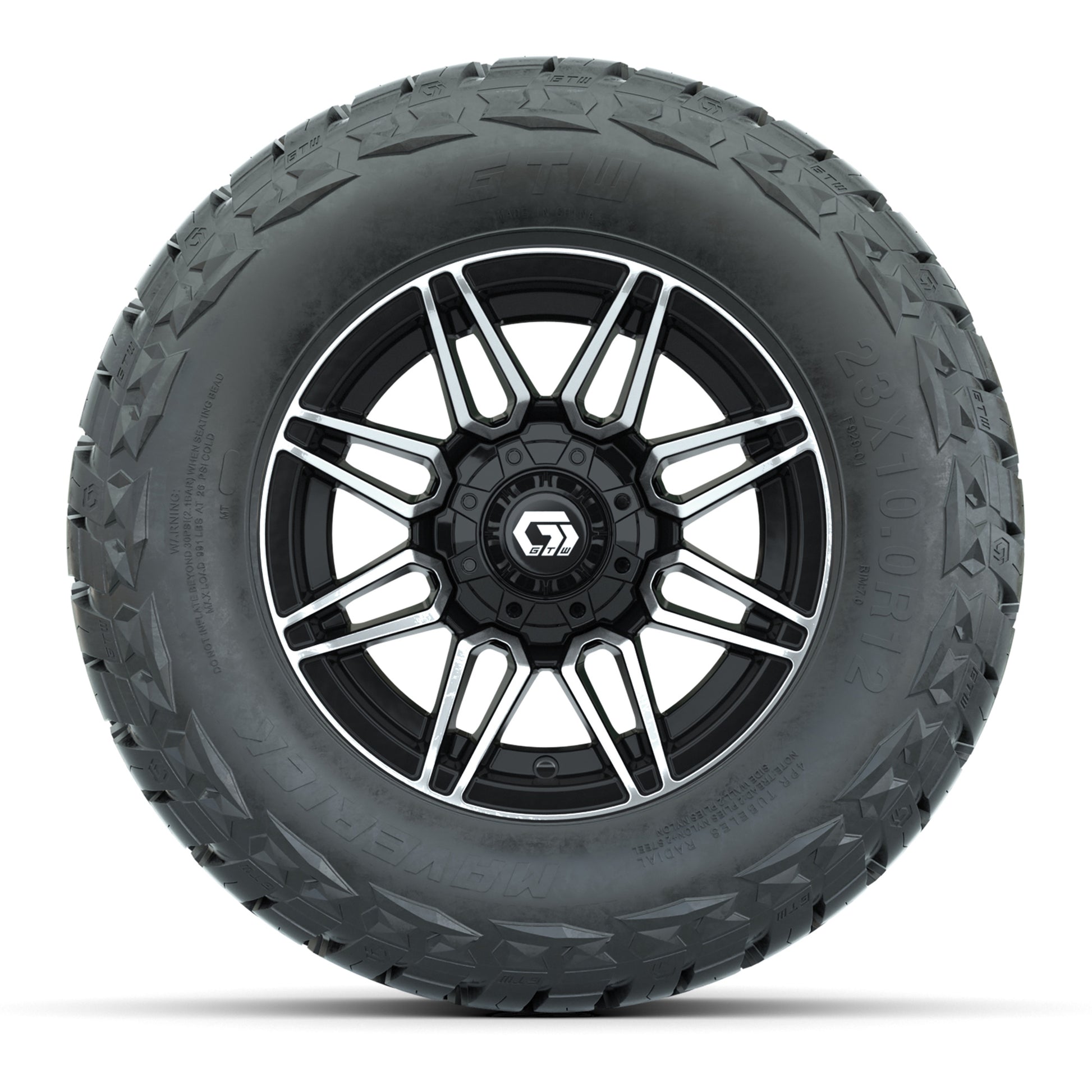 GTW Stealth Black/Machined 12 in Wheels with 23x10.00-R12 Maverick All-Terrain Tires – Full Set