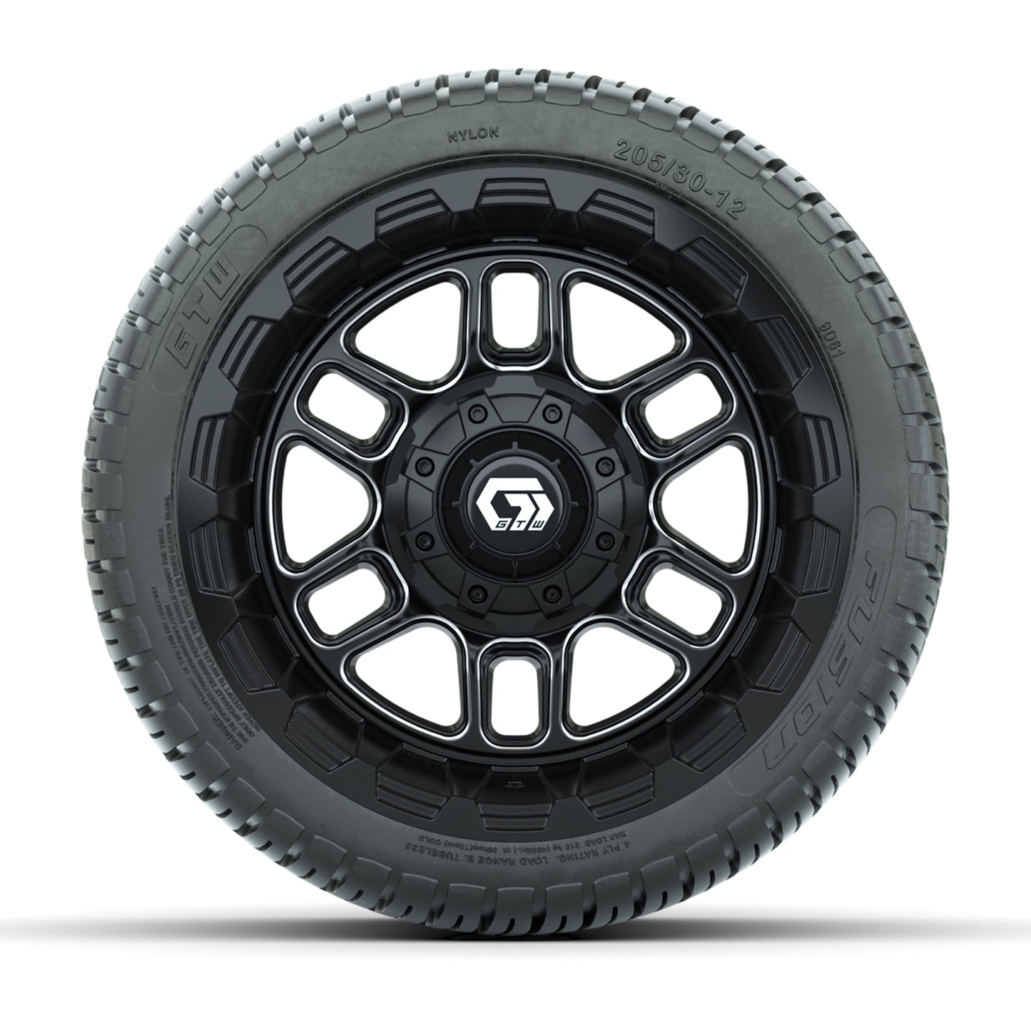 GTW® Titan Black/Machined 12 in Wheels with 205/30-12 Fusion Street Tires – Full Set
