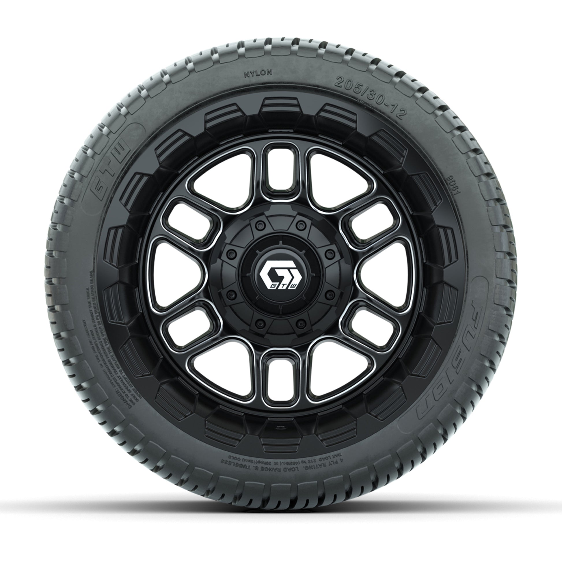 GTW® Titan Black/Machined 12 in Wheels with 205/30-12 Fusion Street Tires – Full Set