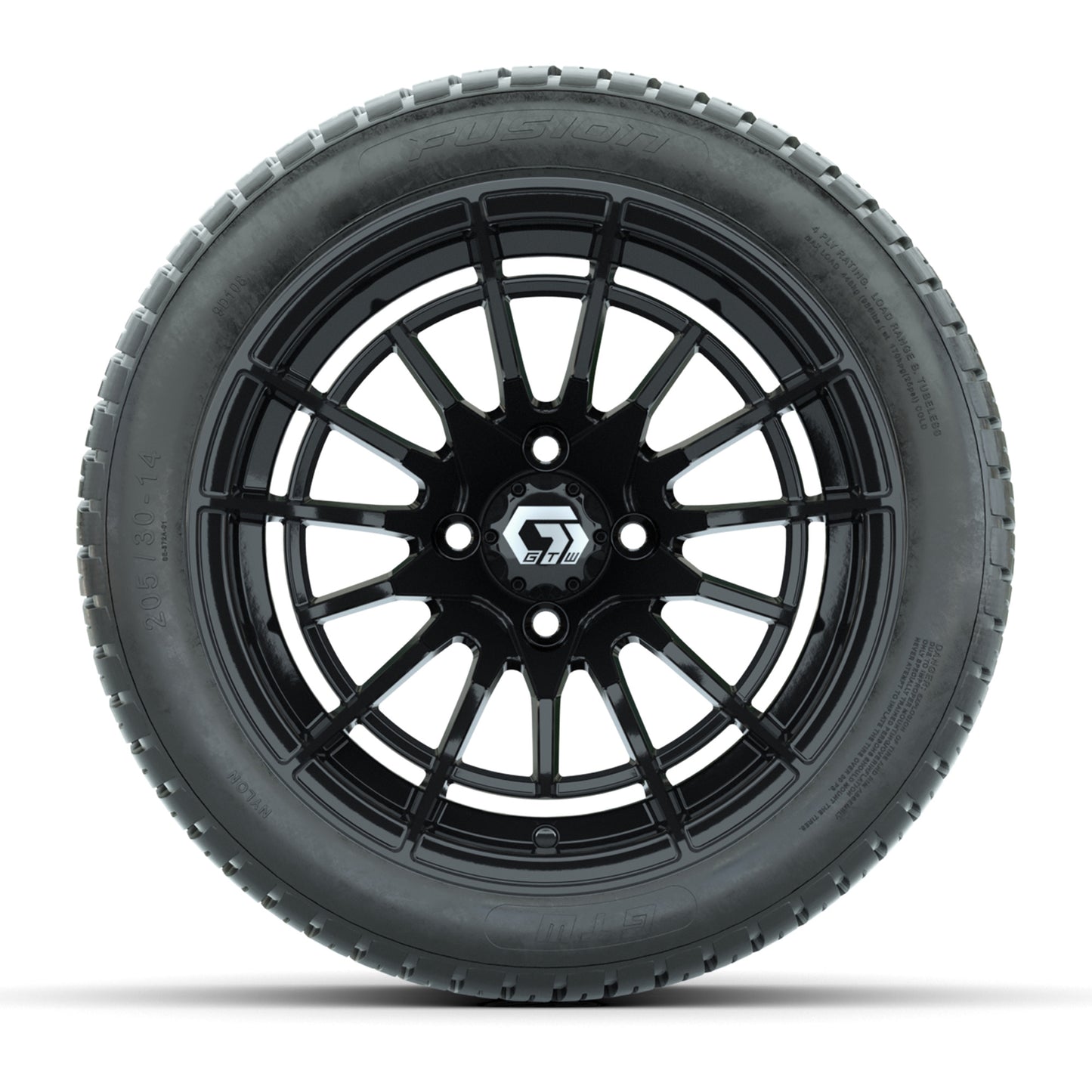 GTW® Boost Gloss Black 14 in Wheels with 205/30-14 Fusion Street Tires – Full Set