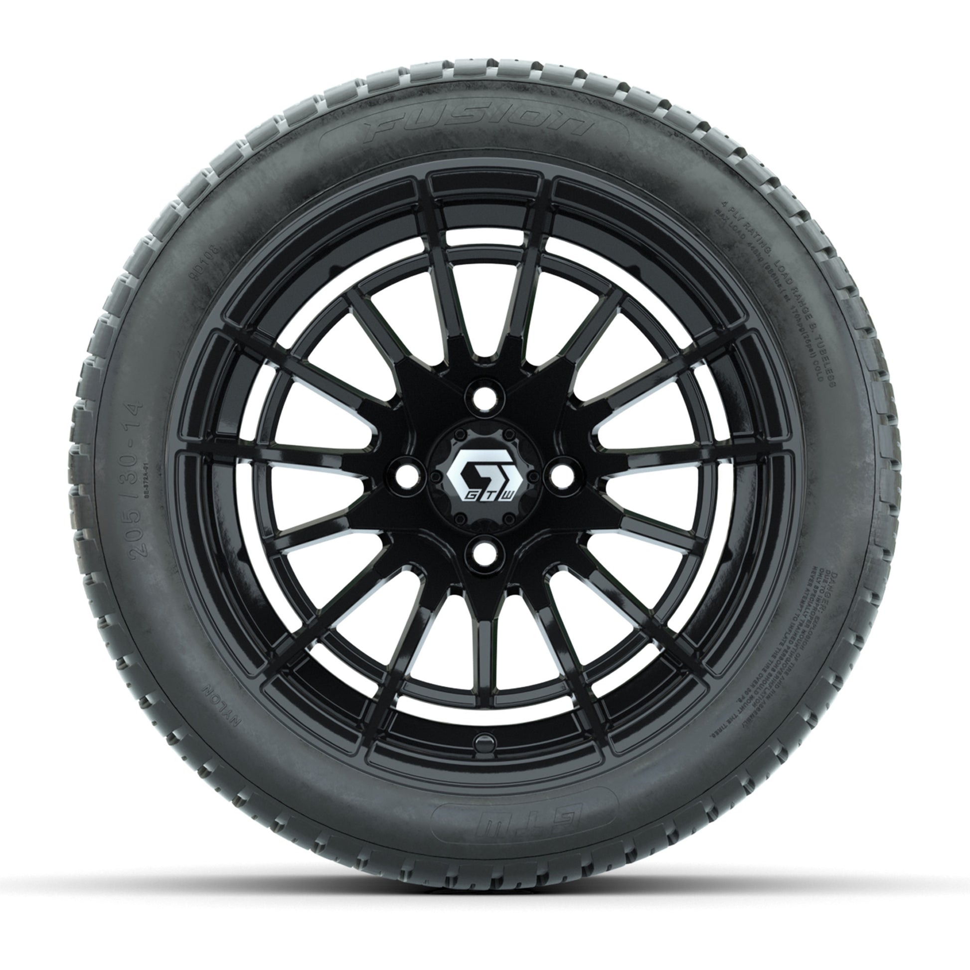 GTW® Boost Gloss Black 14 in Wheels with 205/30-14 Fusion Street Tires – Full Set